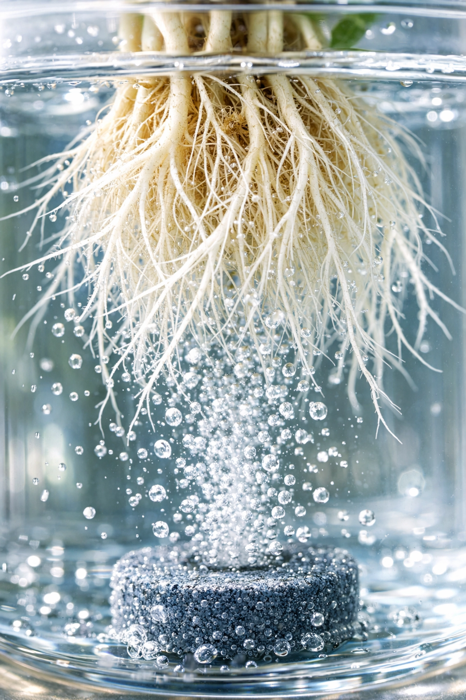 Healthy plant roots in deep water culture hydroponic system with oxygen bubbles
