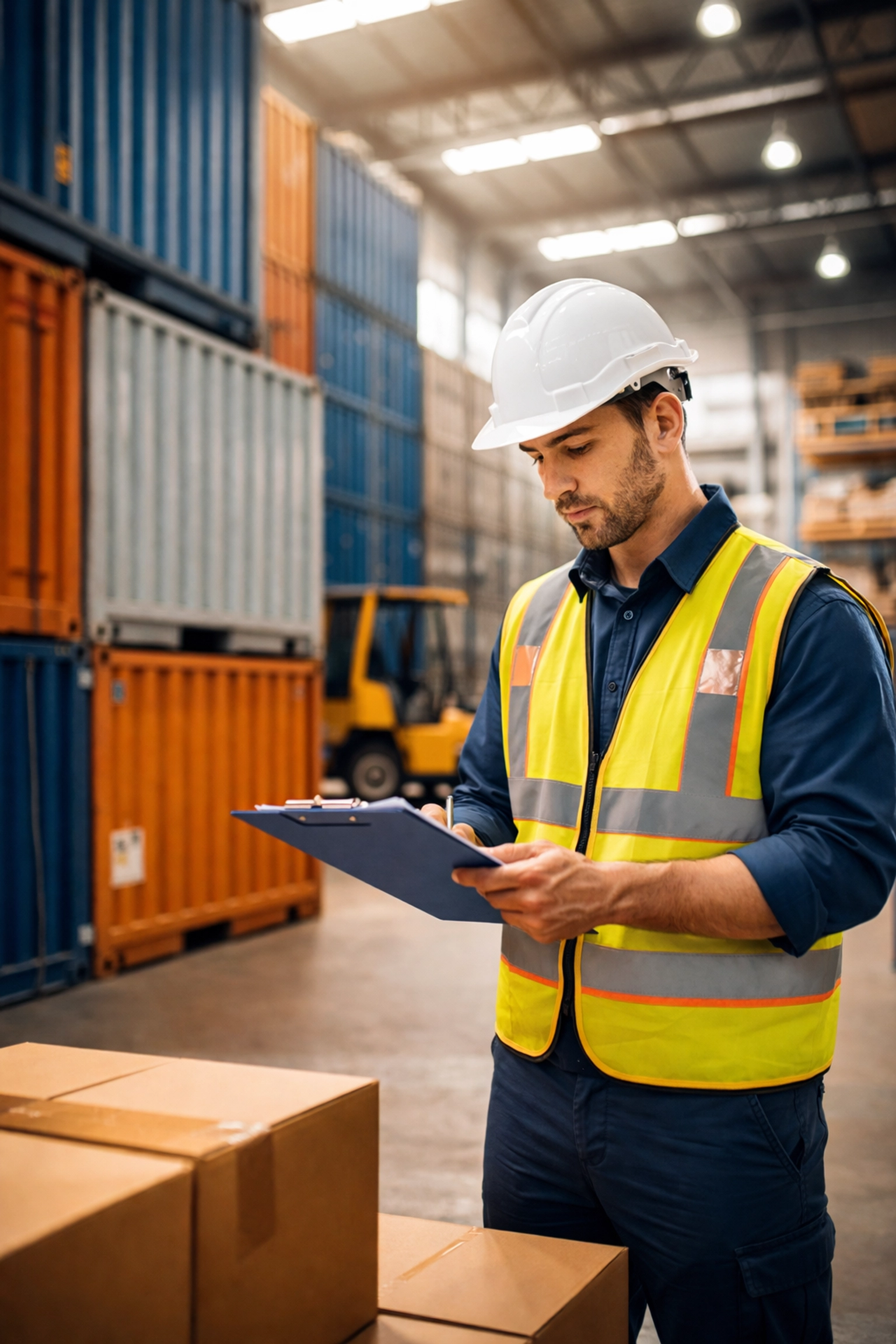Warehouse worker reviewing shipping waiver paperwork next to stacked containers