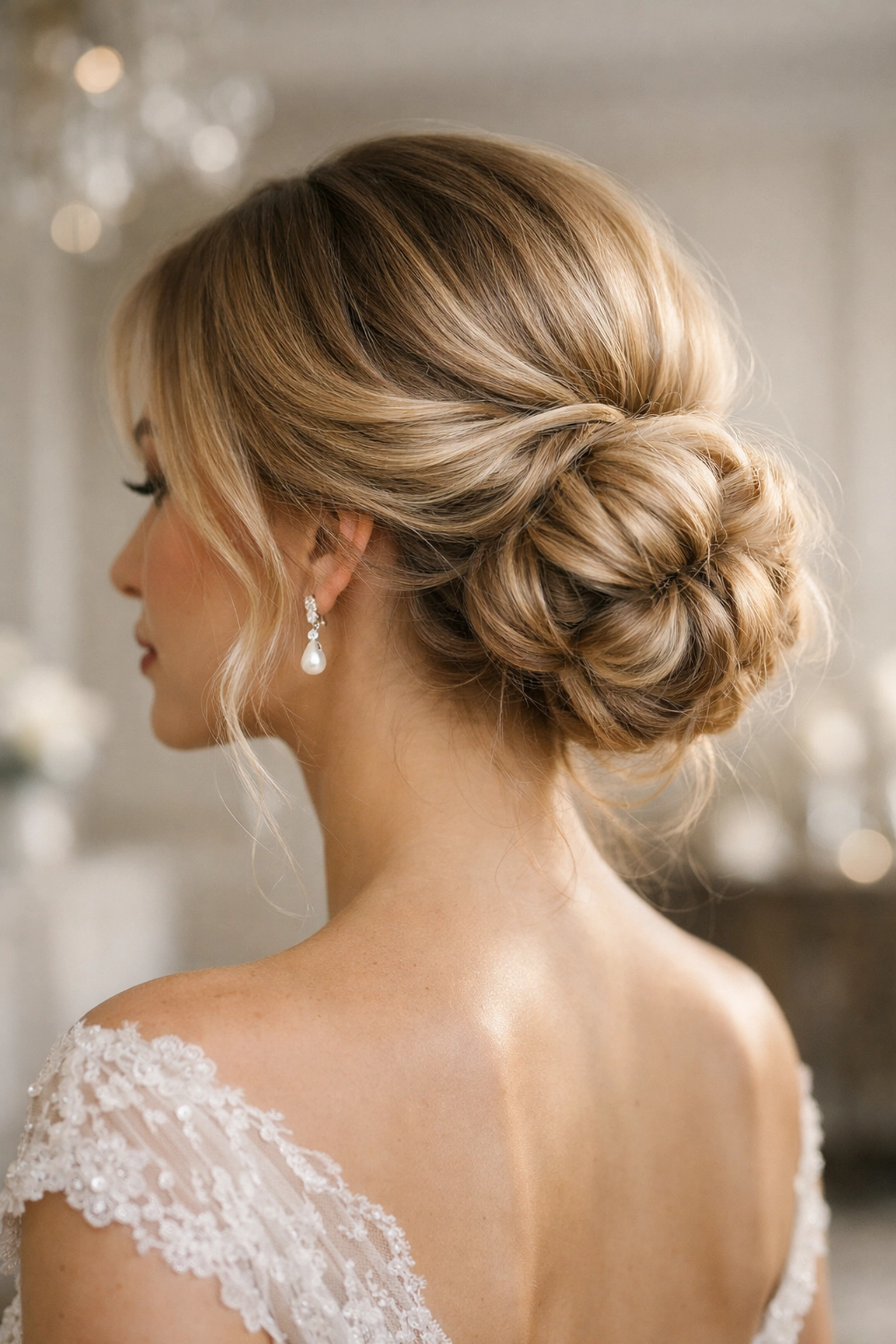 Elegant bridal updo with a textured low bun for wedding hair styling in Concord NH.