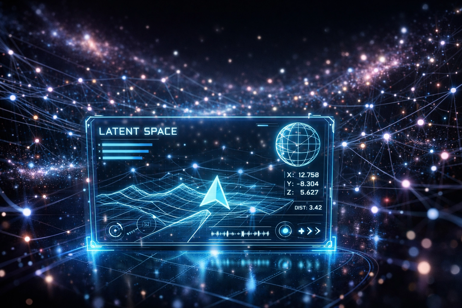 A digital map of latent space and data nodes used for strategic AI prompt steering.