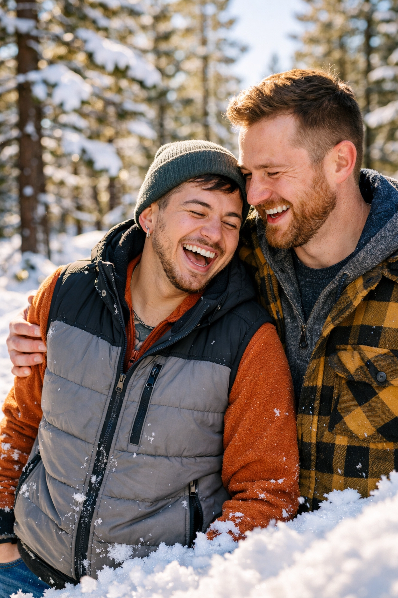 A trans man and his partner laughing in a snowy forest, celebrating trans joy in LGBTQ+ stories.