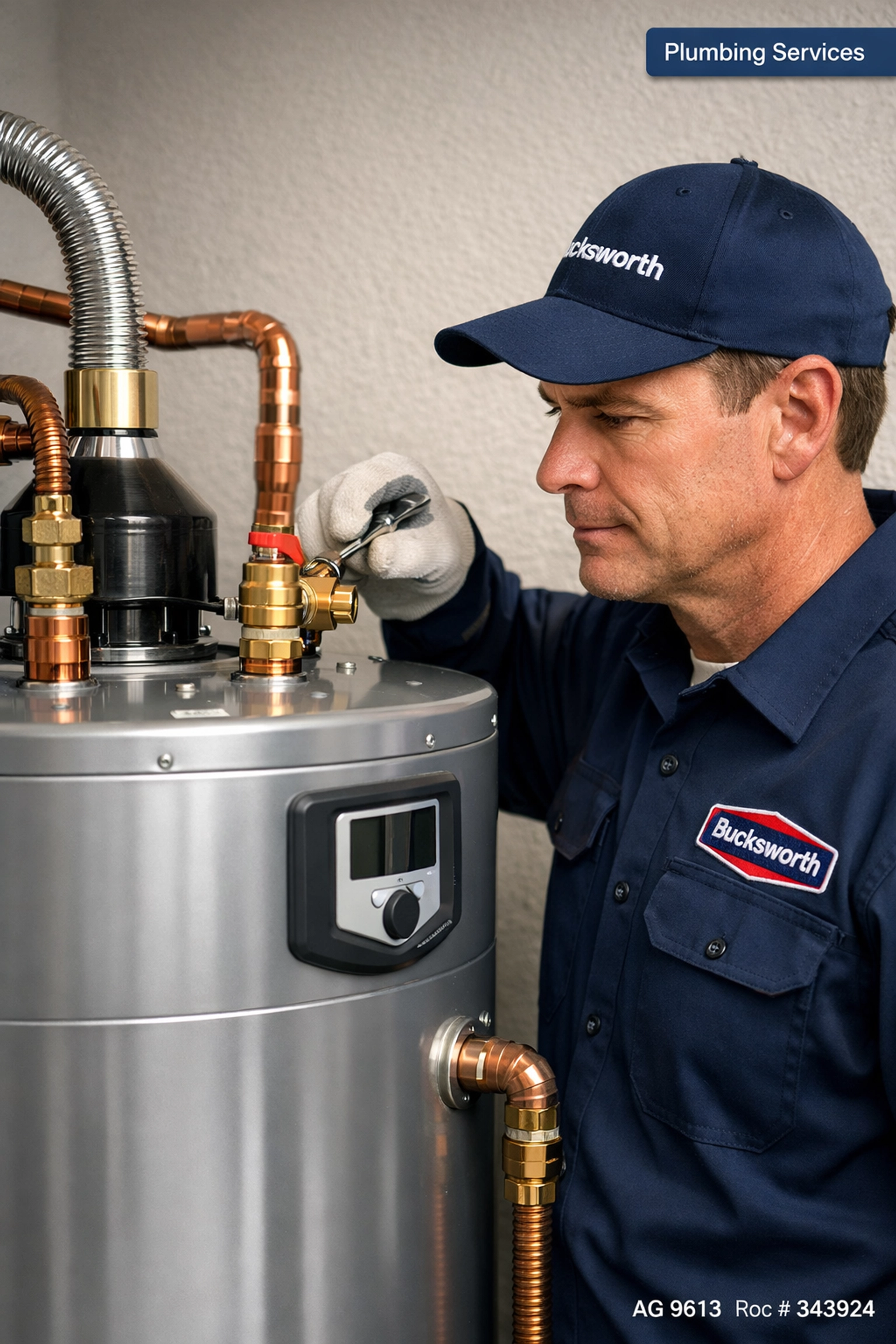Bucksworth technician inspecting a water heater pressure relief valve and plumbing connections in Peoria AZ.
