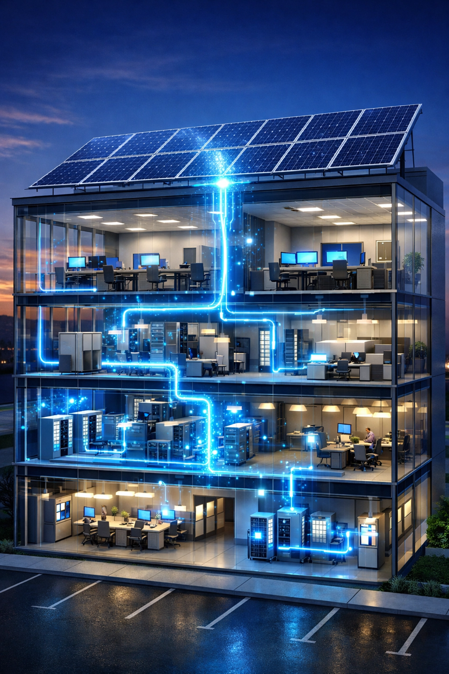 Commercial solar energy system showing power flow from rooftop panels to building operations