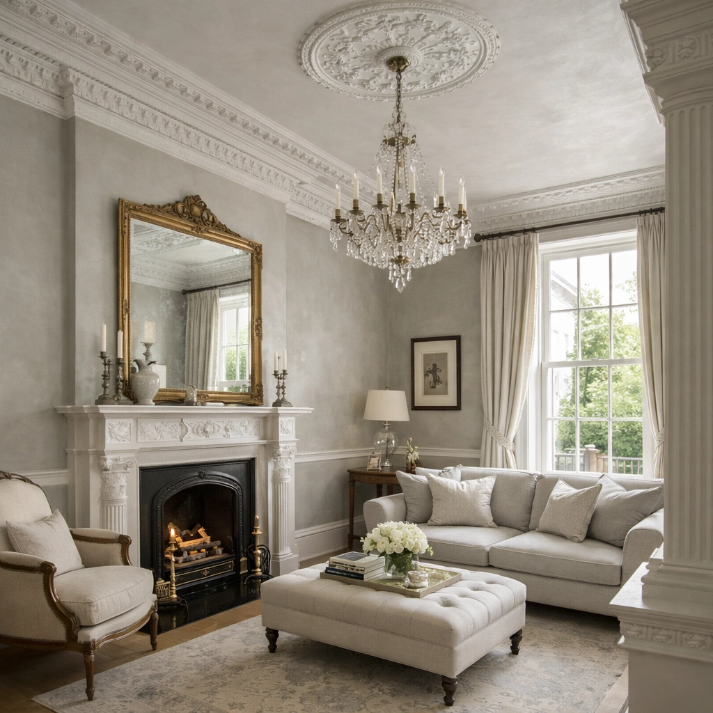 Restored Regency drawing room with Venetian plaster walls and period features