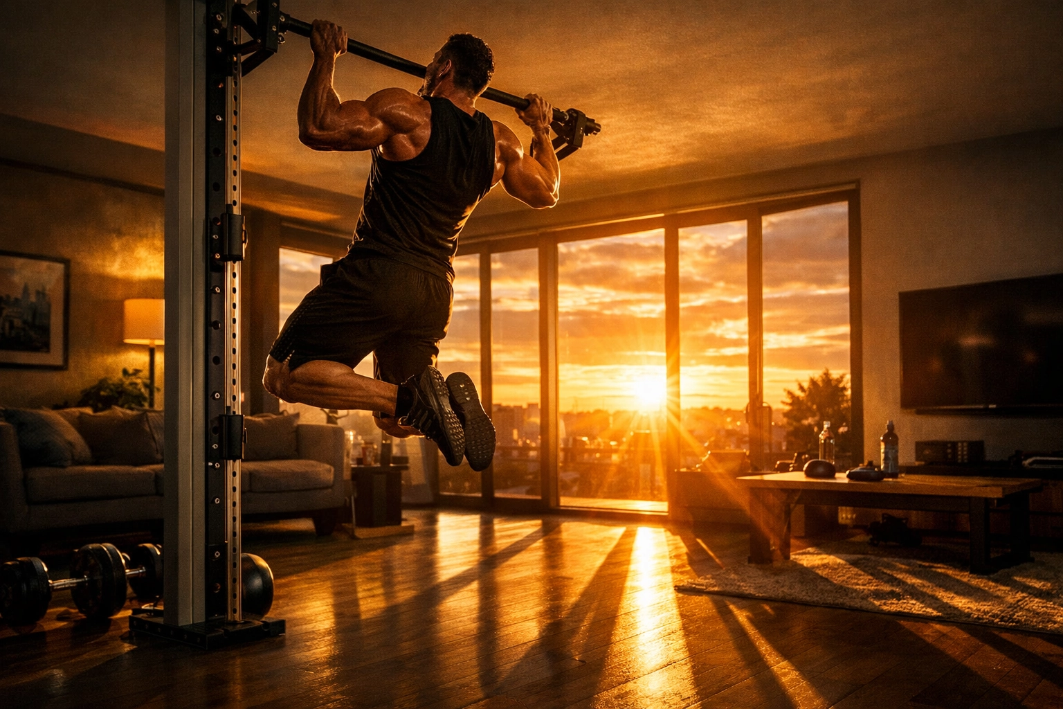 Athlete using a vertical rail pull up bar alternative for bodyweight training at home.