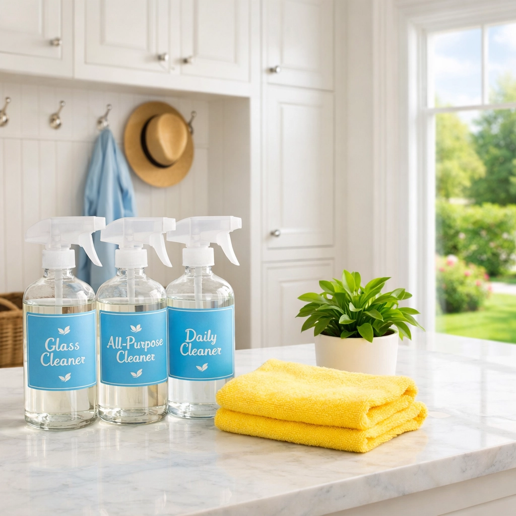 Eco-friendly cleaning supplies on a marble counter for professional deep cleaning in Boxford homes.