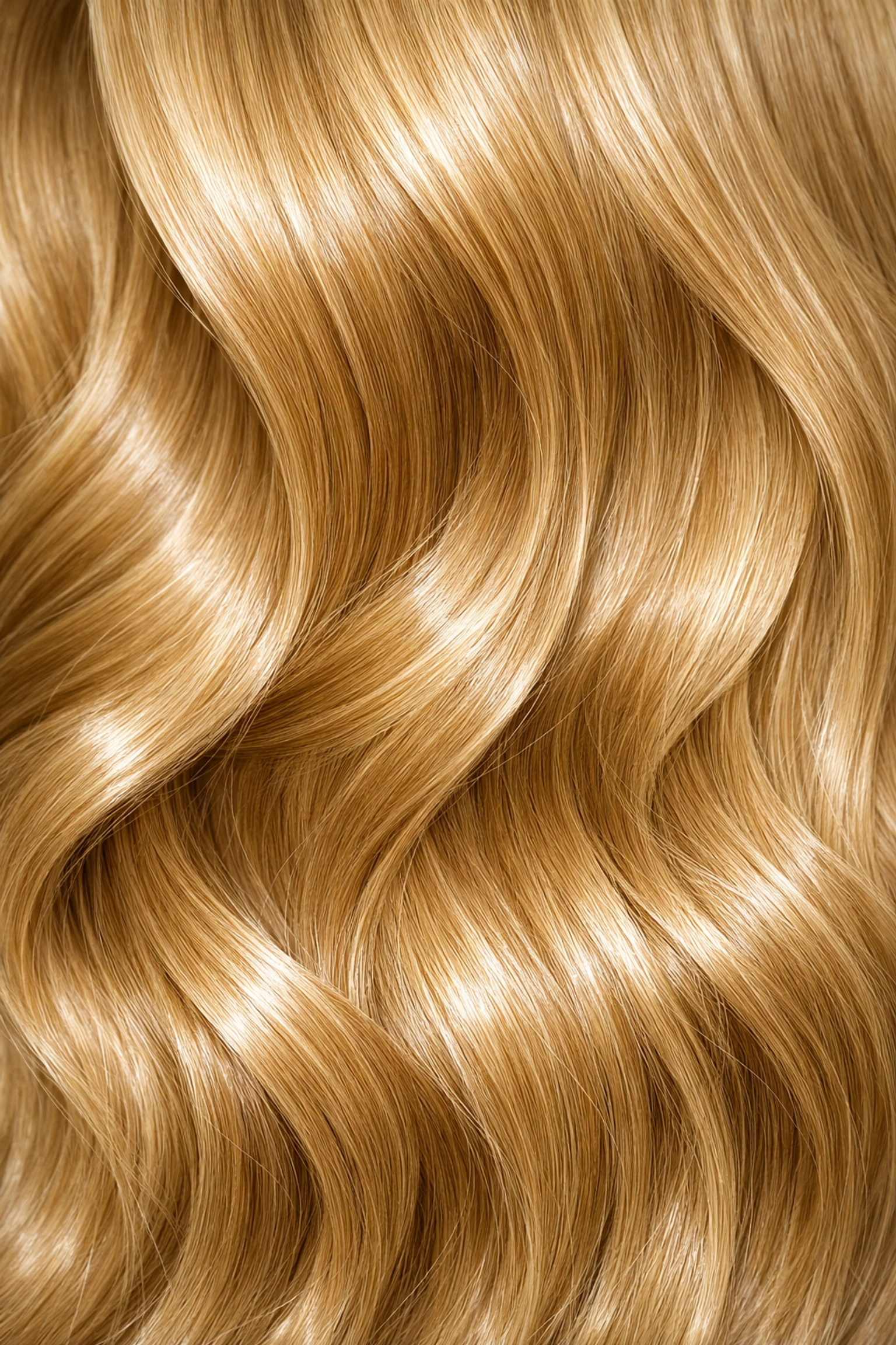 Healthy honey-blonde hair color with high-shine gloss and soft waves.