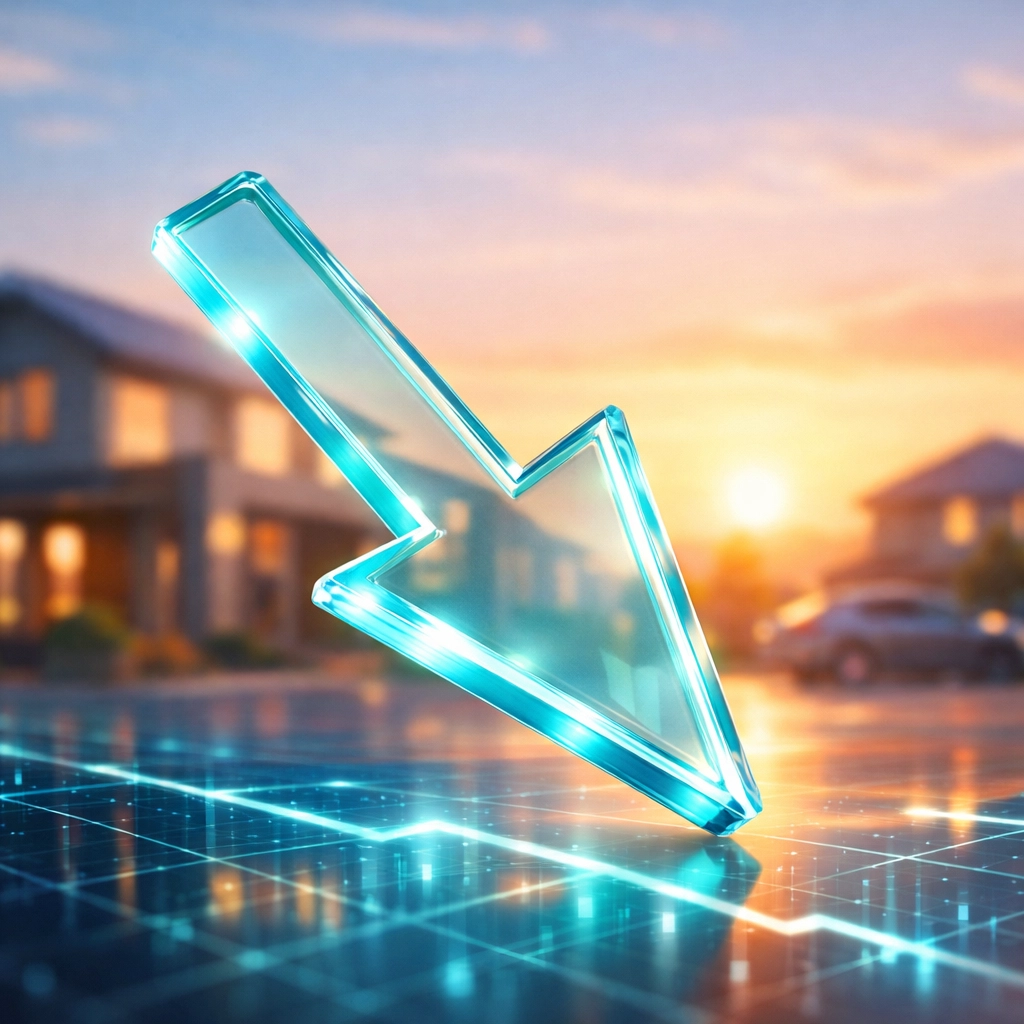 A glowing arrow pointing down over a modern city, illustrating falling interest rates for home and car loans.