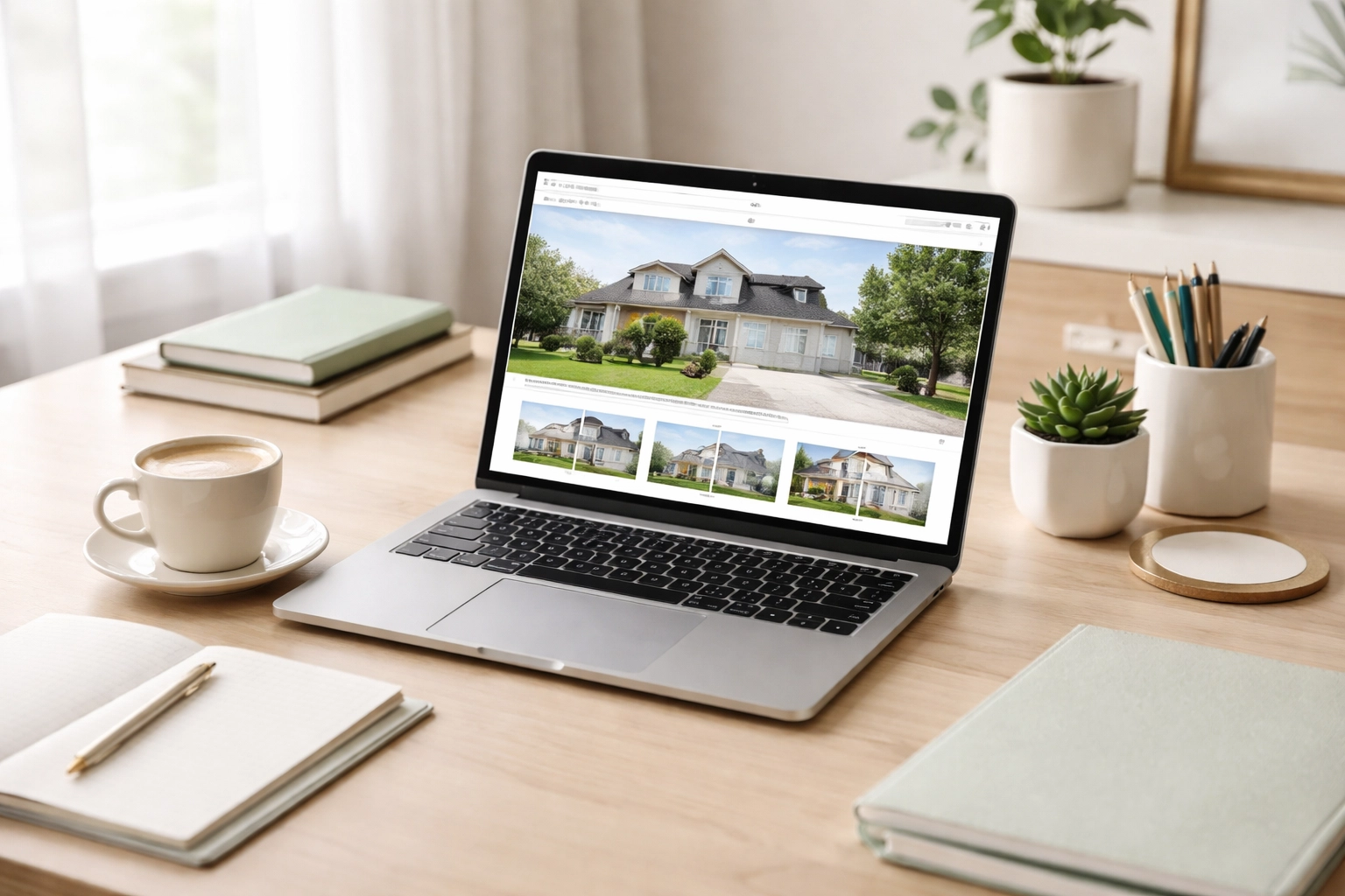Modern home office with real estate listings open on a laptop, highlighting thoughtful home buying decisions and research. Modern home office with real estate listings open on a laptop, highlighting thoughtful home buying decisions and research.