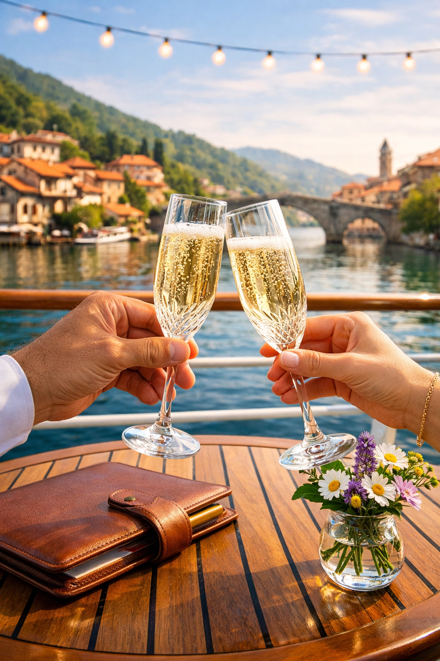 A luxury champagne toast on a river cruise sun deck overlooking a picturesque European village and stone bridge.