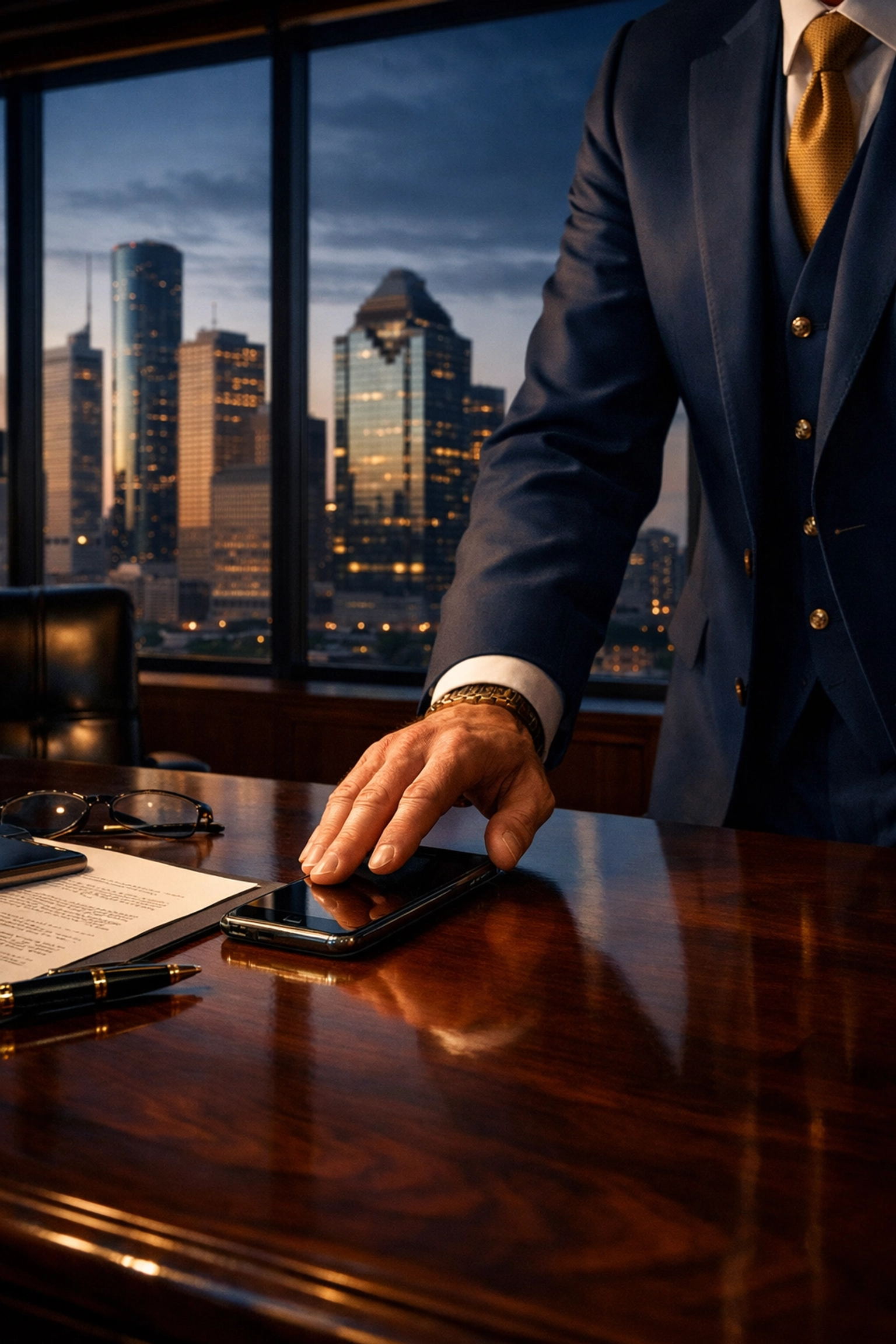 Houston personal injury lawyer shielding clients from recorded insurance statements in a professional office.