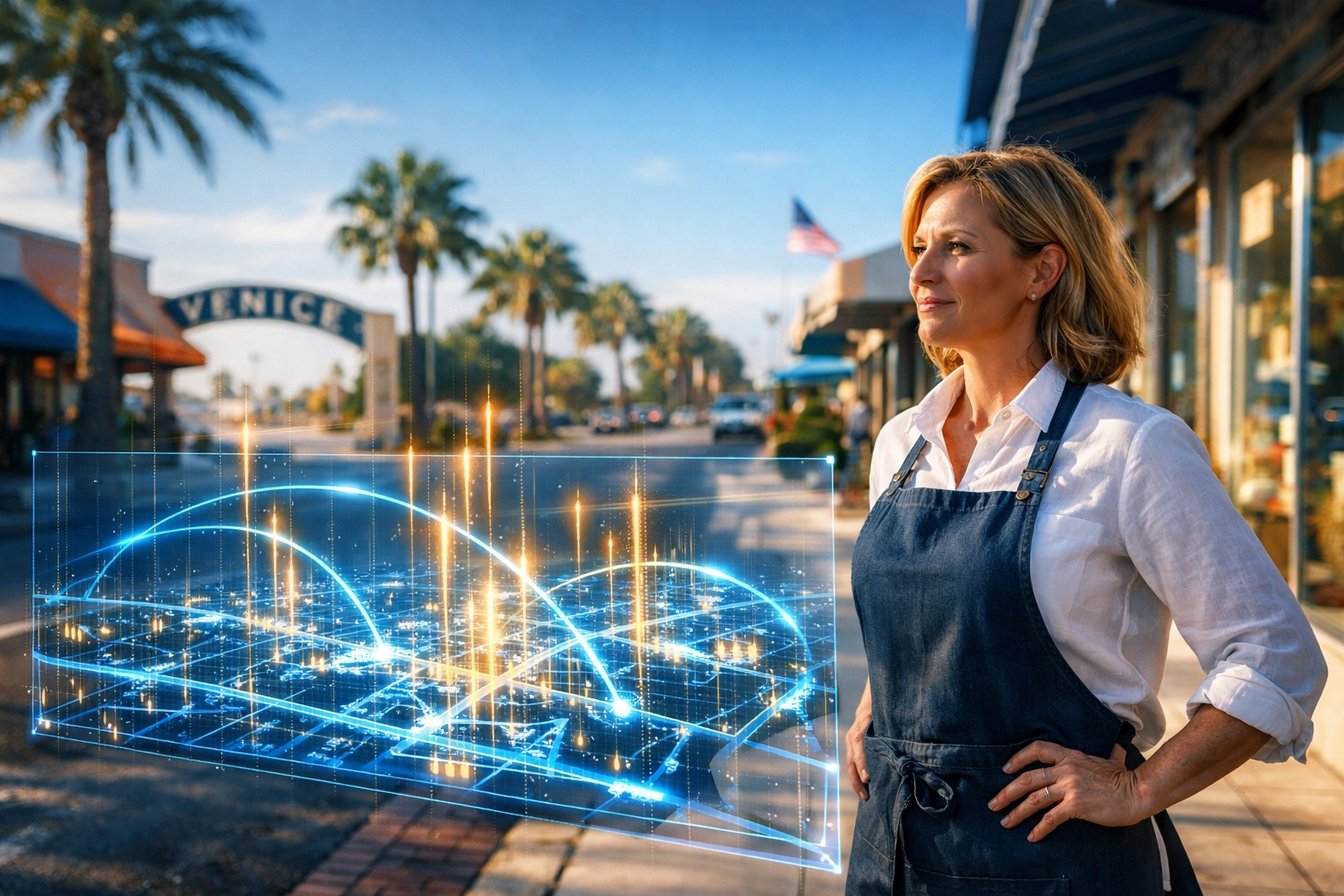 Stop Wasting Money on Old-School Ads: Try These 7 AI Marketing Hacks for Venice Businesses Venice business owner using AI marketing tools to visualize data and improve local customer acquisition.