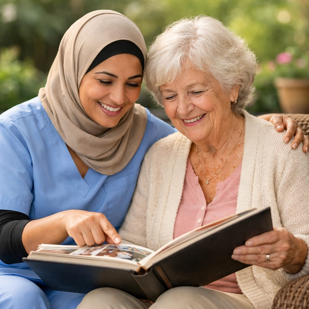 Companion care moment as caregiver and senior look at photos, supporting home care in Northern Virginia