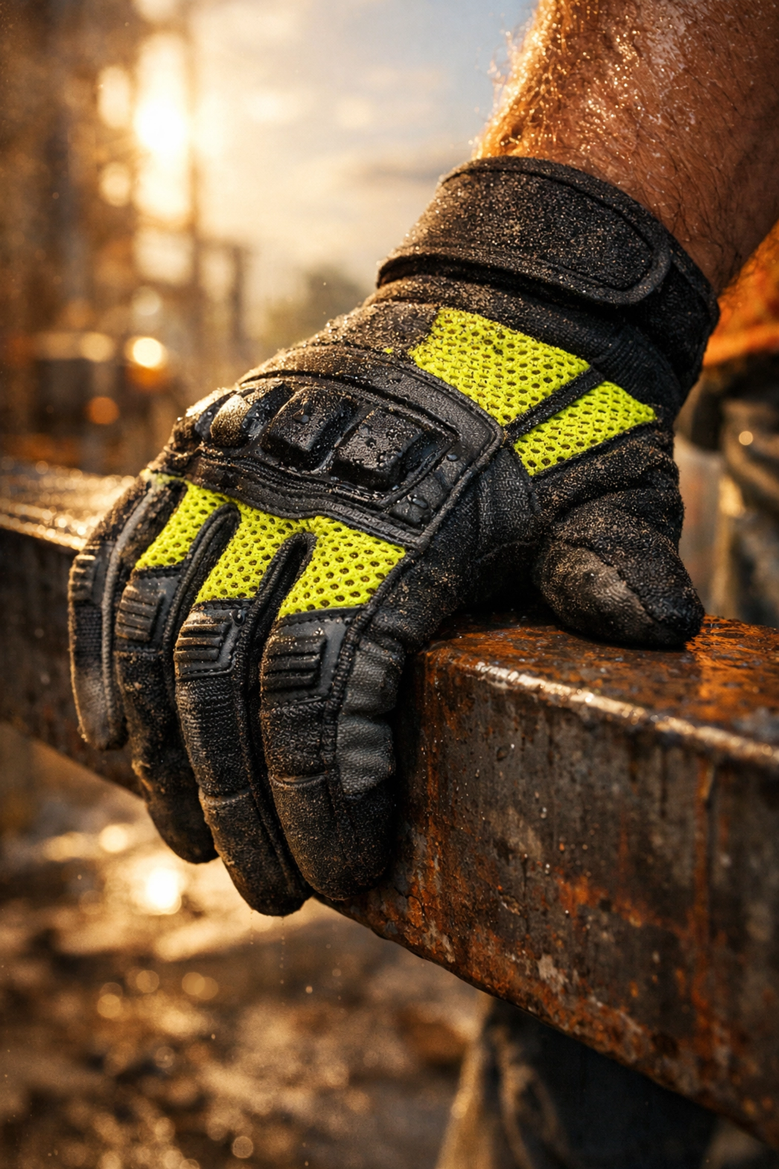 Lightweight ventilated work gloves for summer industrial safety on a Fort Wayne construction site.