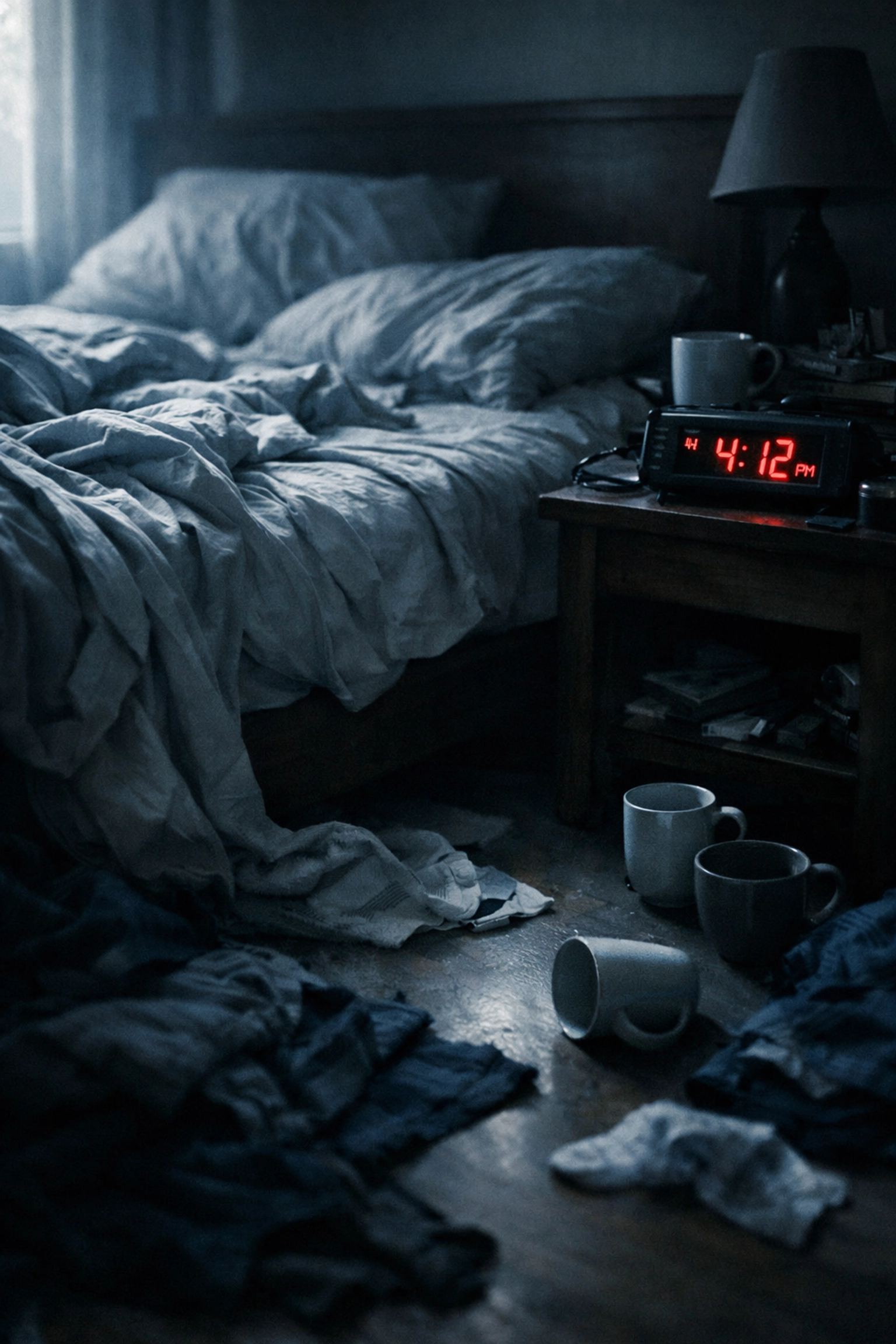 Unmade bed with scattered clothes showing neglect of self-care during mental health struggle