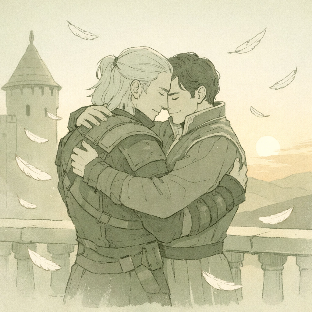 MM romance happy ending: witcher and nobleman embrace on castle balcony at sunset