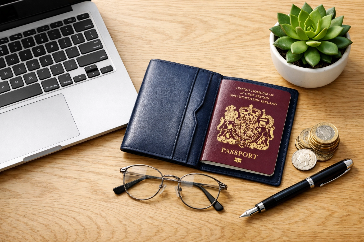 A UK passport and pound coins on a desk, symbolizing budgeting for rising Home Office visa application costs.