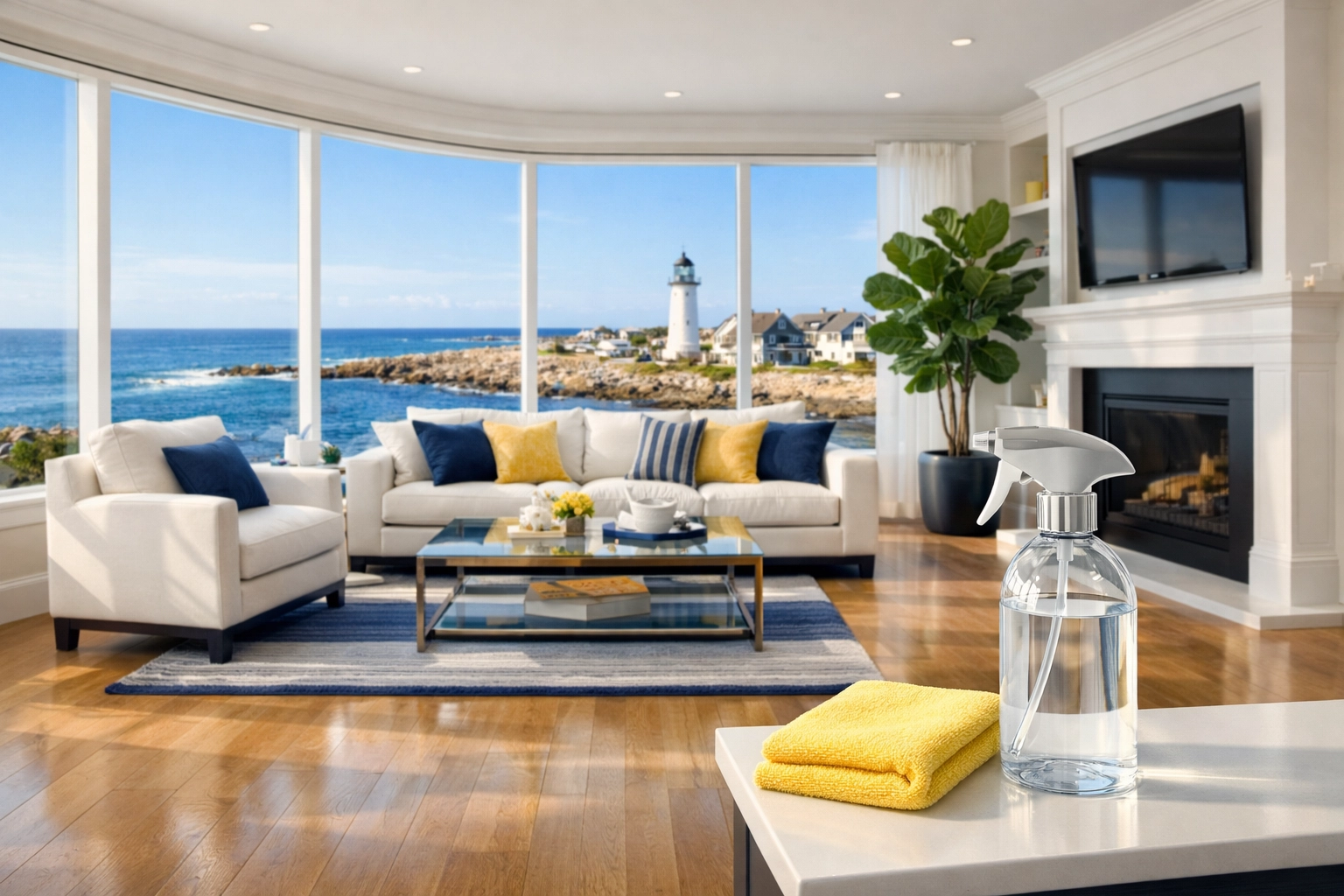 Eco-friendly Scituate luxury coastal home maintenance using non-toxic products in a high-end living area.