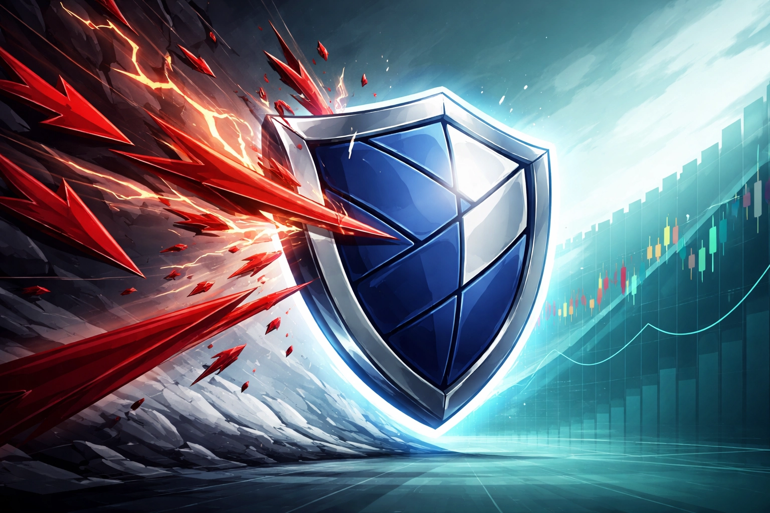 Abstract shield deflecting market volatility, representing hedge fund strategies for risk management and protection