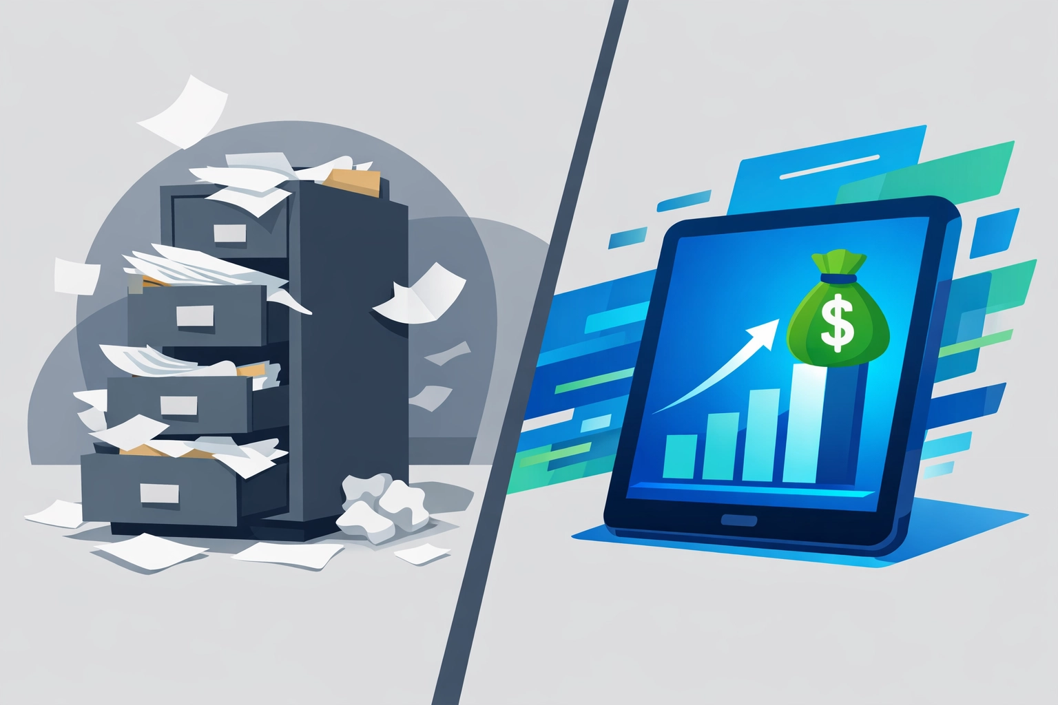 Digital tax preparation on a tablet showing a growing refund compared to messy paper filing.