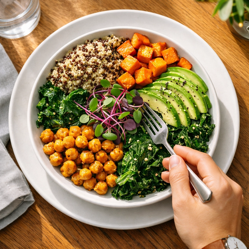 Colorful grain bowl with fresh ingredients in modern restaurant showcasing designed dining experience