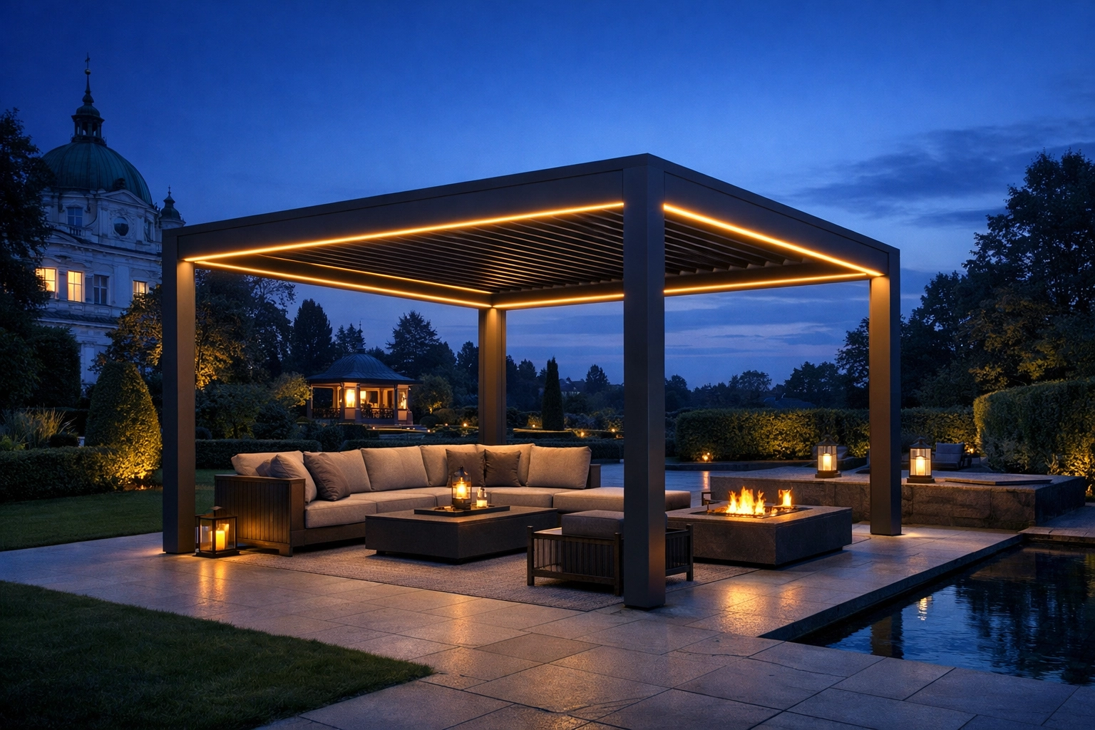 Freistehende Pergola in Wien mit integrierter LED-Beleuchtung in einem modernen Garten bei Dämmerung.