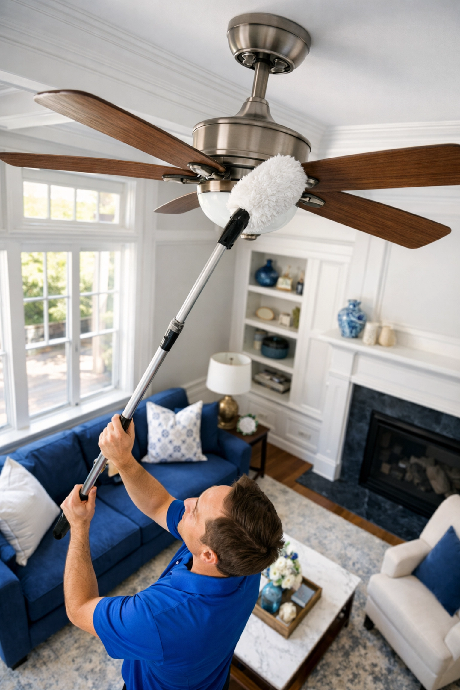 Professional cleaner in Franklin using a duster on a ceiling fan for top-down deep cleaning.