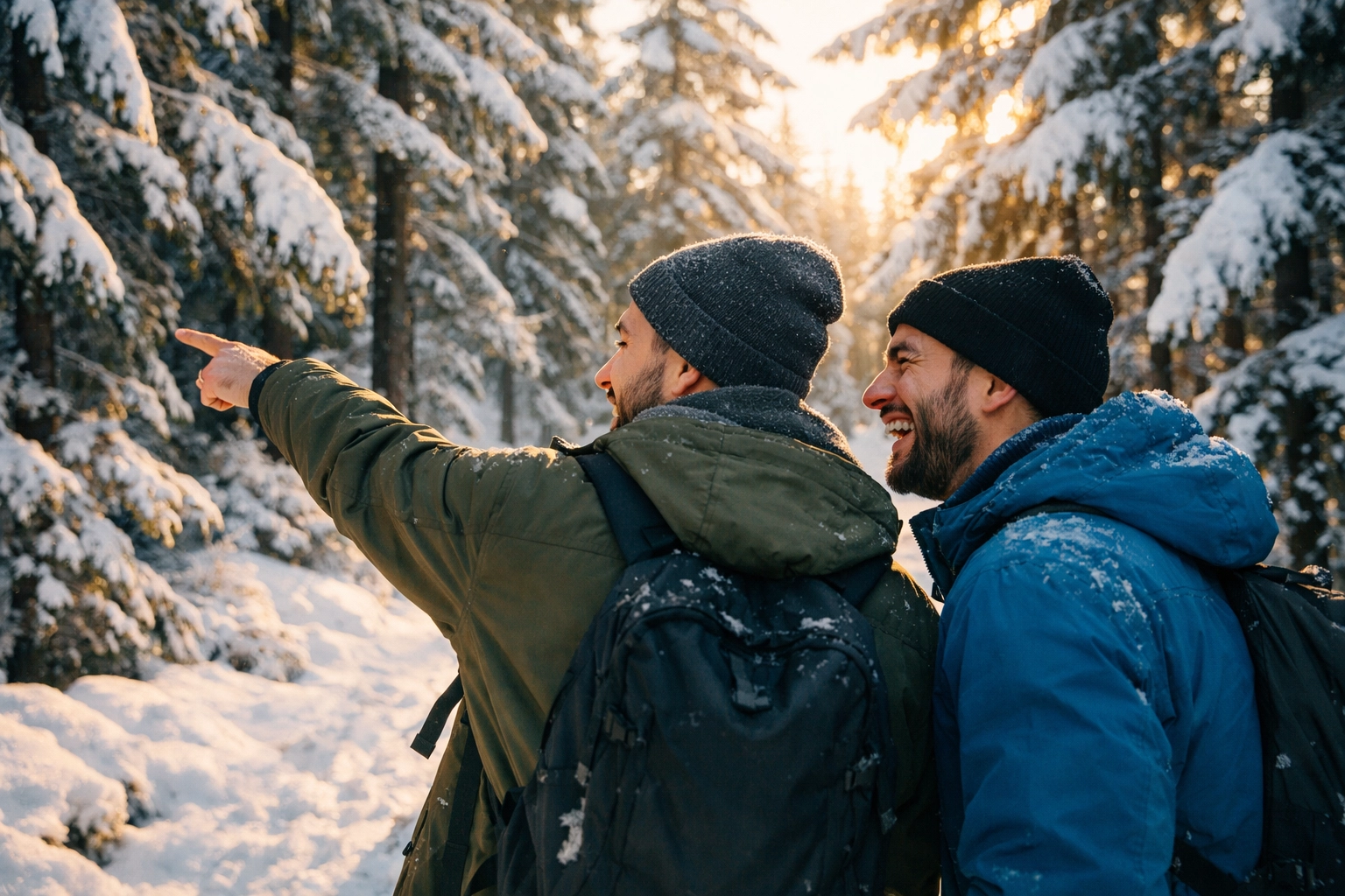 Two men hiking through snowy forest on romantic winter cabin getaway adventure