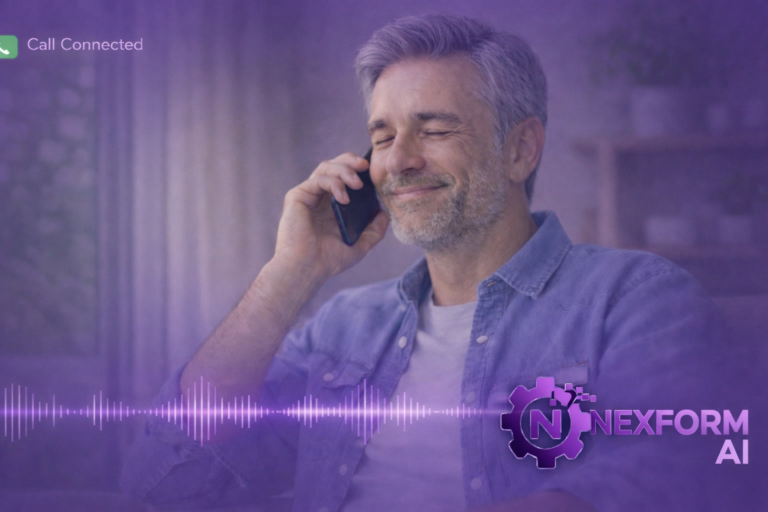 A relieved client talking on a smartphone, illustrating trust built through empathetic AI voice automation.