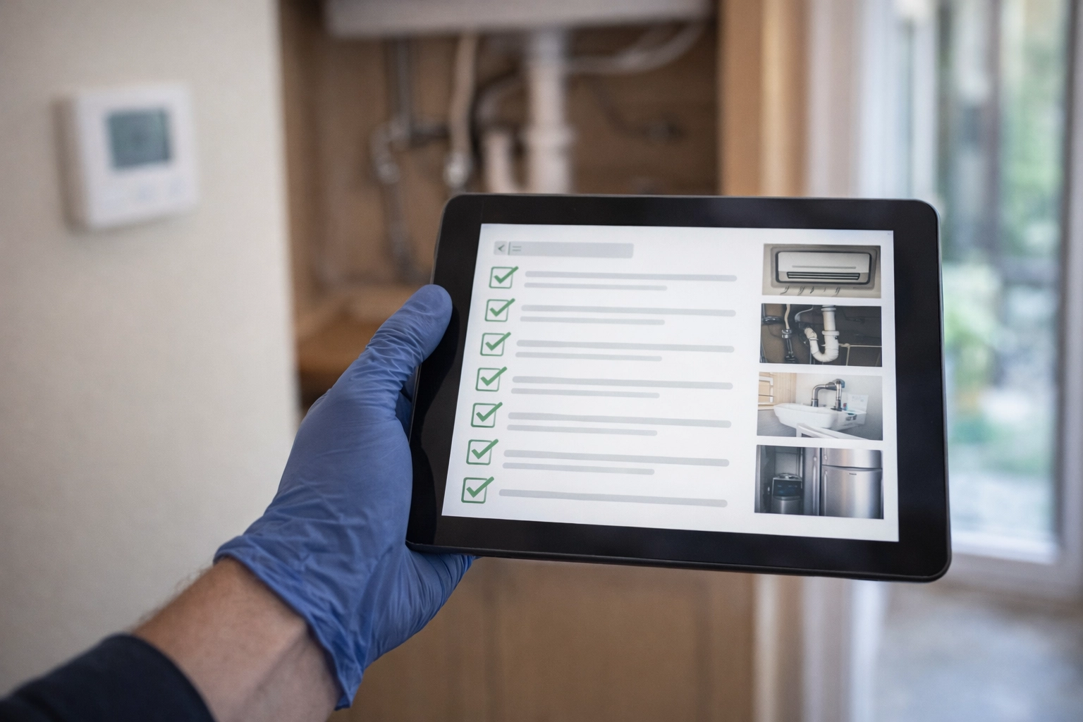 Close-up of a home watch inspection checklist on a tablet with key home systems in the background