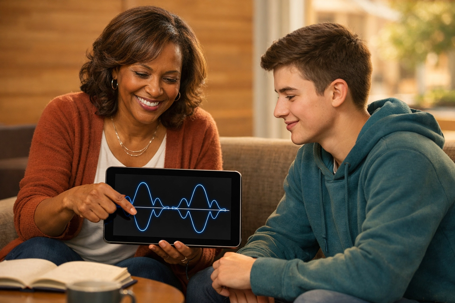 Mentor explaining SAT graph reflections and function concepts to a student using a tablet.