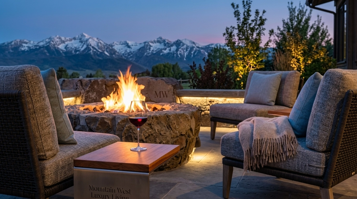 Outdoor luxury living space with mountain views
