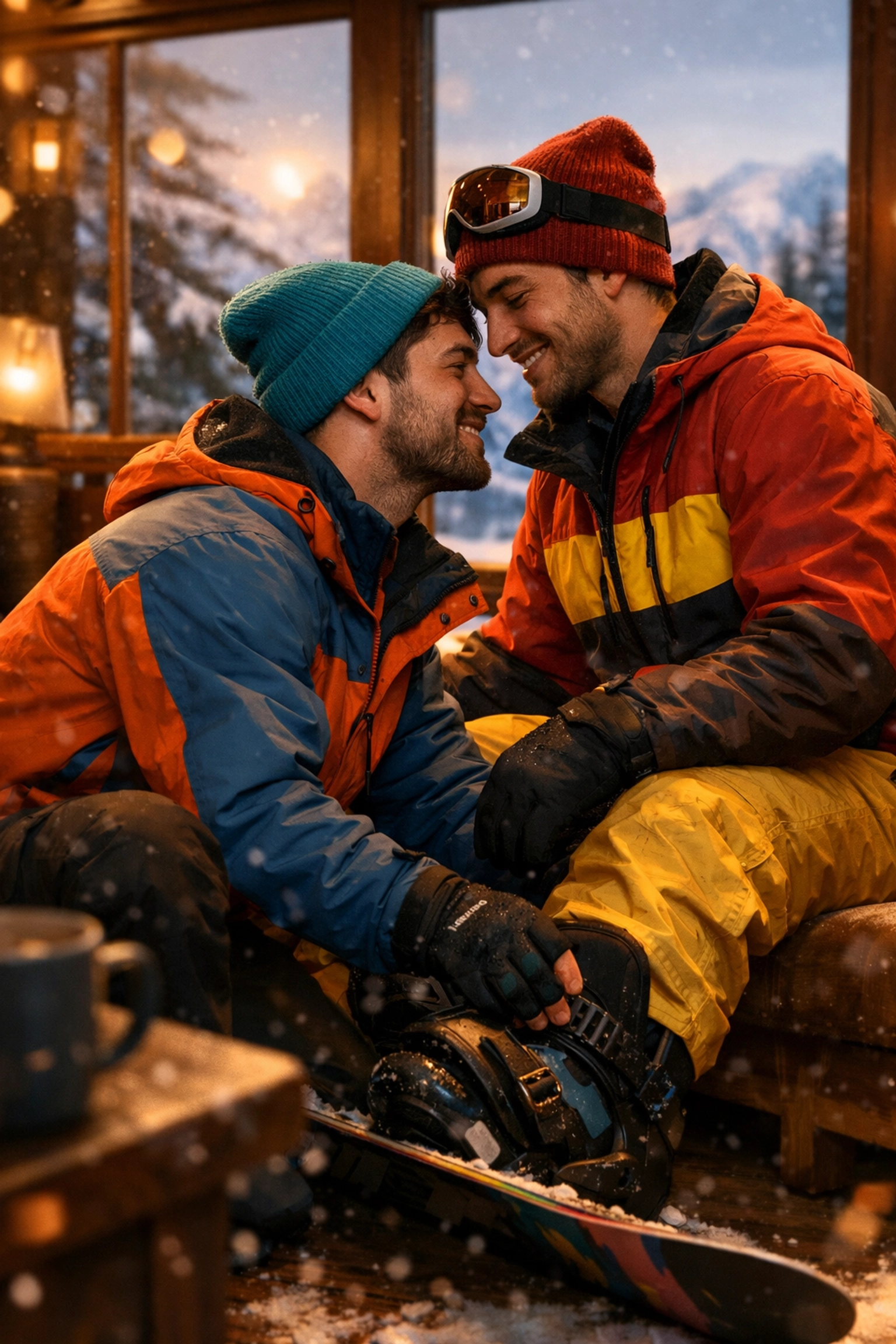Gay couple sharing intimate moment at snowboarding lodge, MM romance meets winter extreme sports