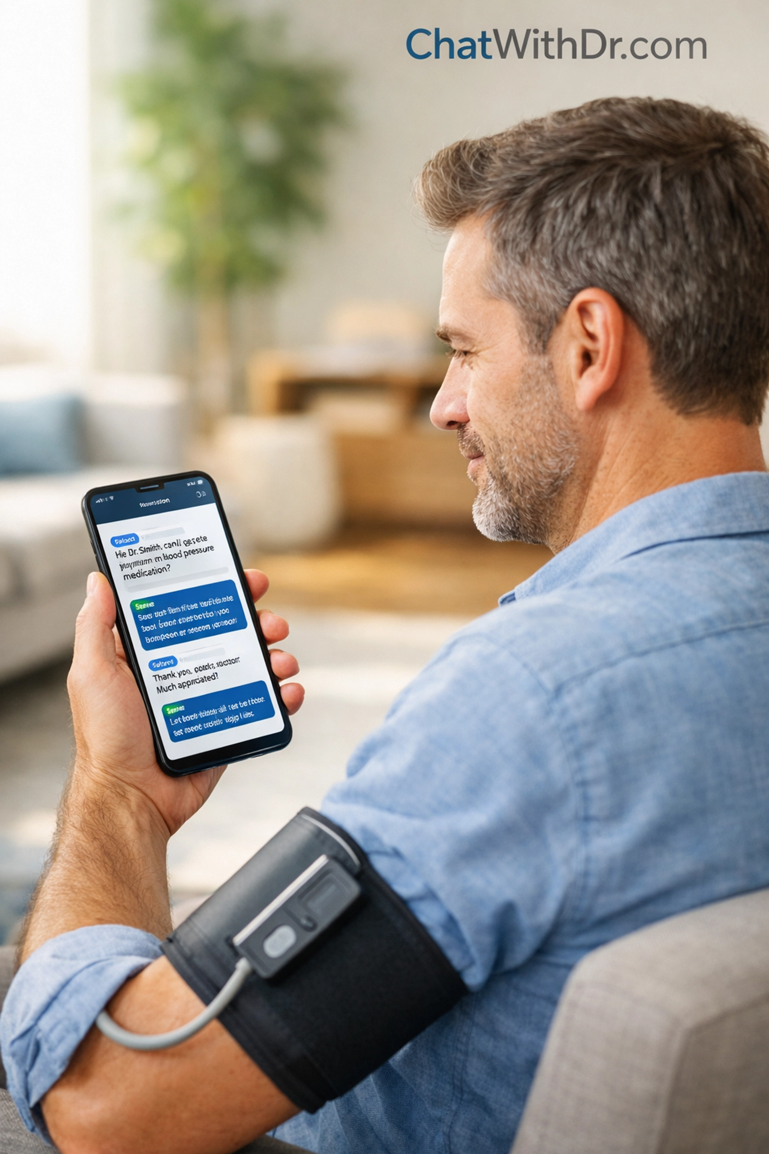 Man using a smartphone and blood pressure cuff to request a prescription refill online via secure medical messaging.