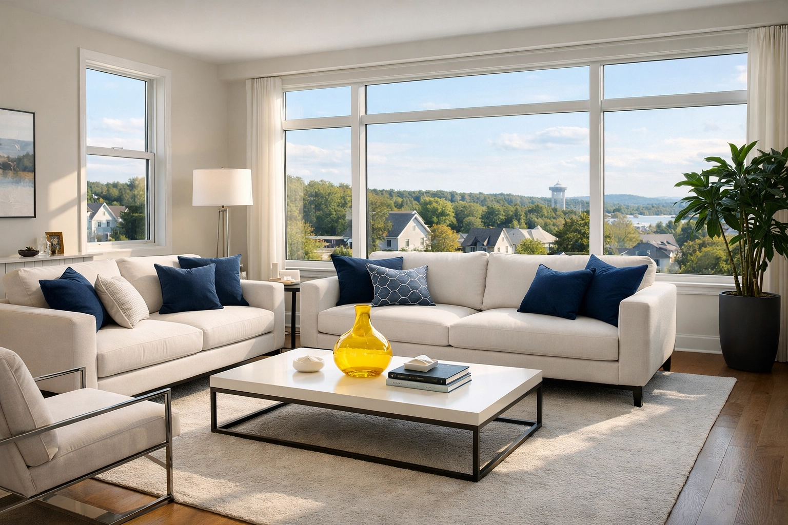 A tidy, sun-drenched modern apartment living room in Leominster MA, kept guest-ready by professional cleaners.