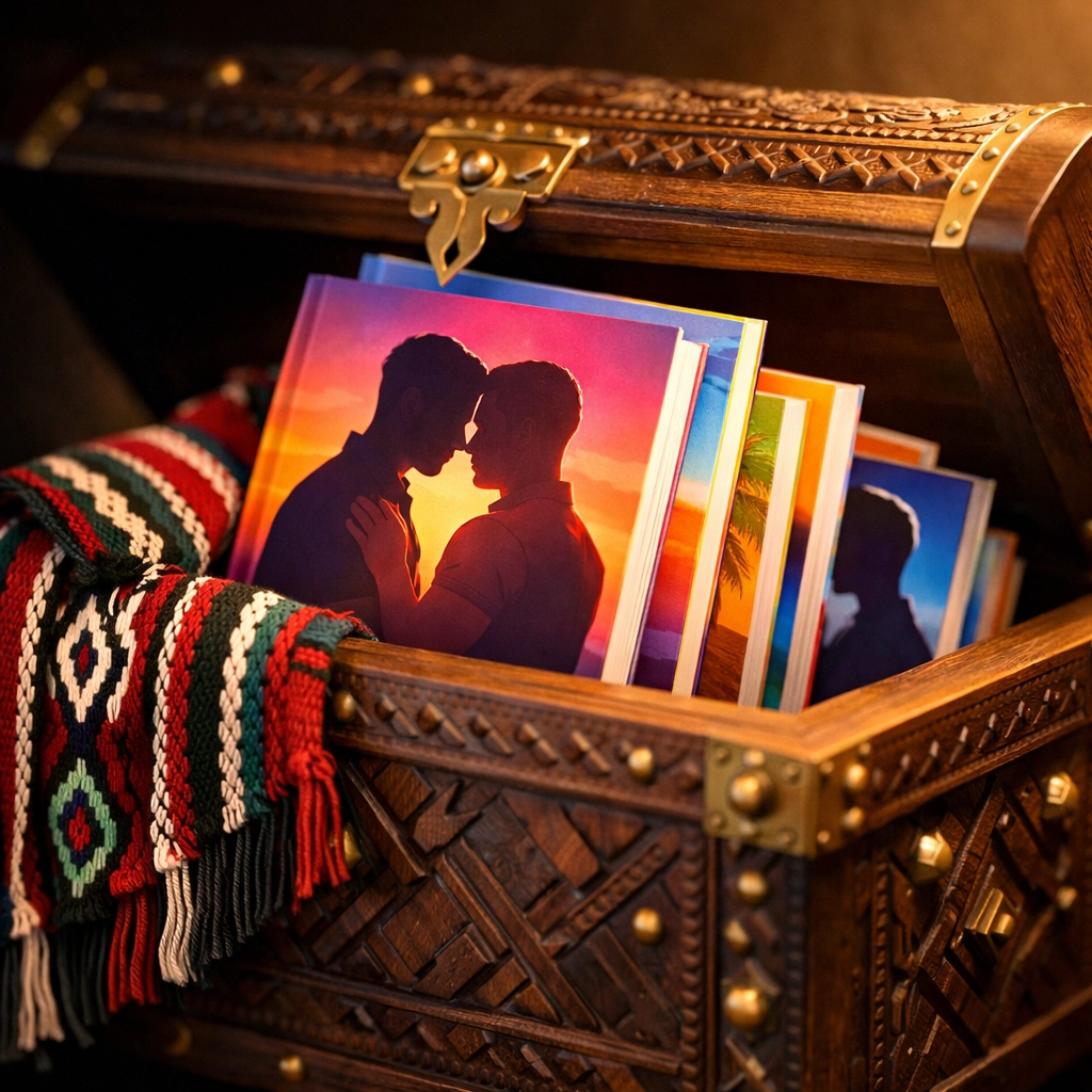 Popular MM romance books and queer fiction hidden safely inside a traditional wooden treasure chest.