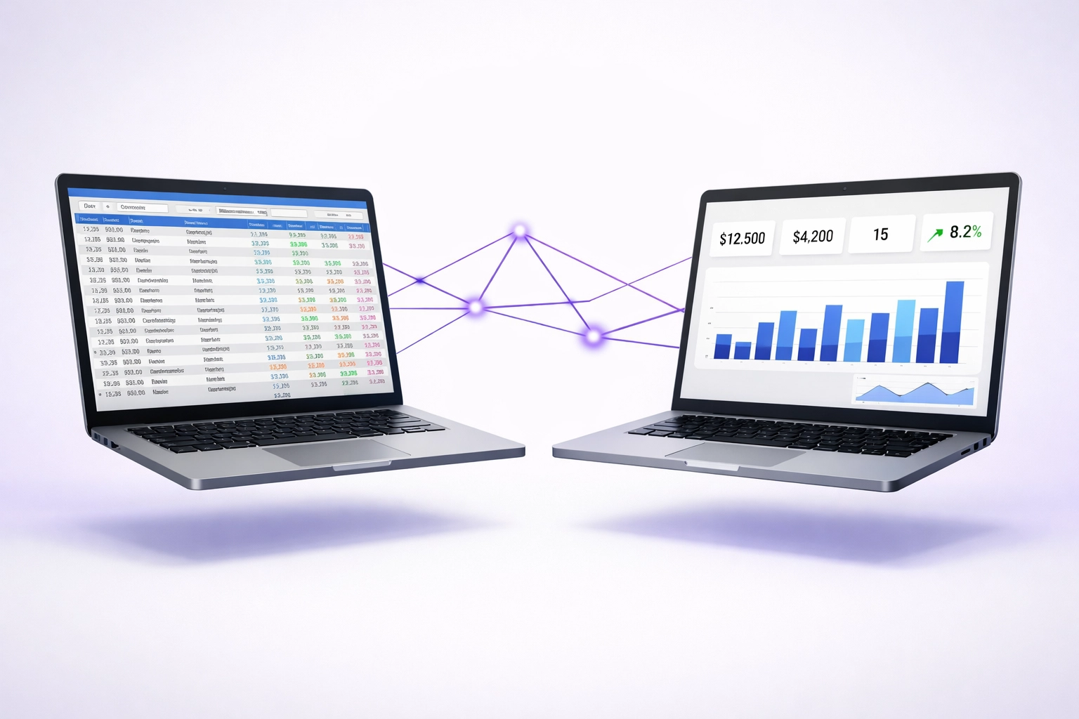QuickBooks vs Xero reporting comparison showing detailed spreadsheet and clean dashboard interface