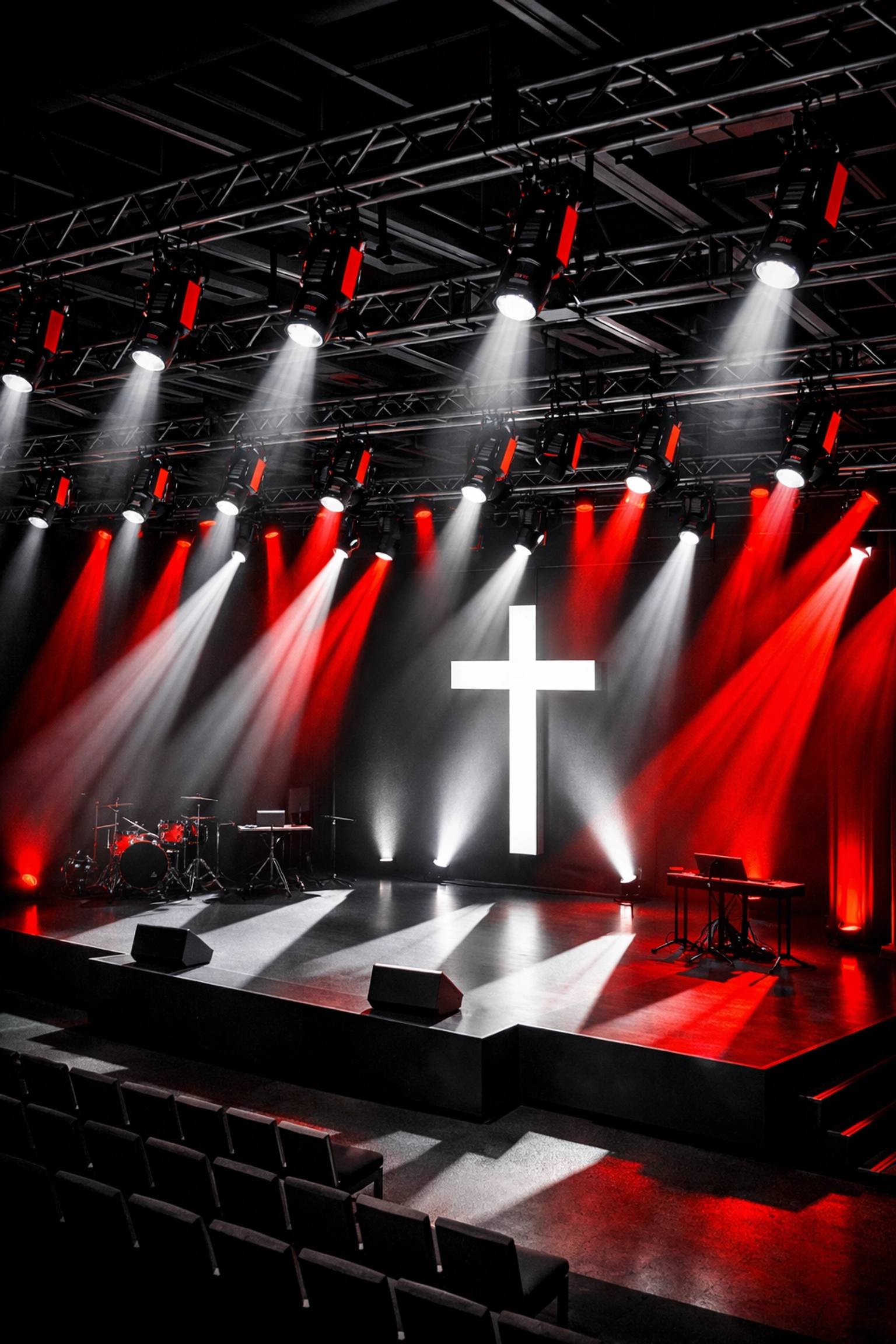 Church stage with LED ellipsoidal fixtures mounted on ceiling trusses casting dramatic beams