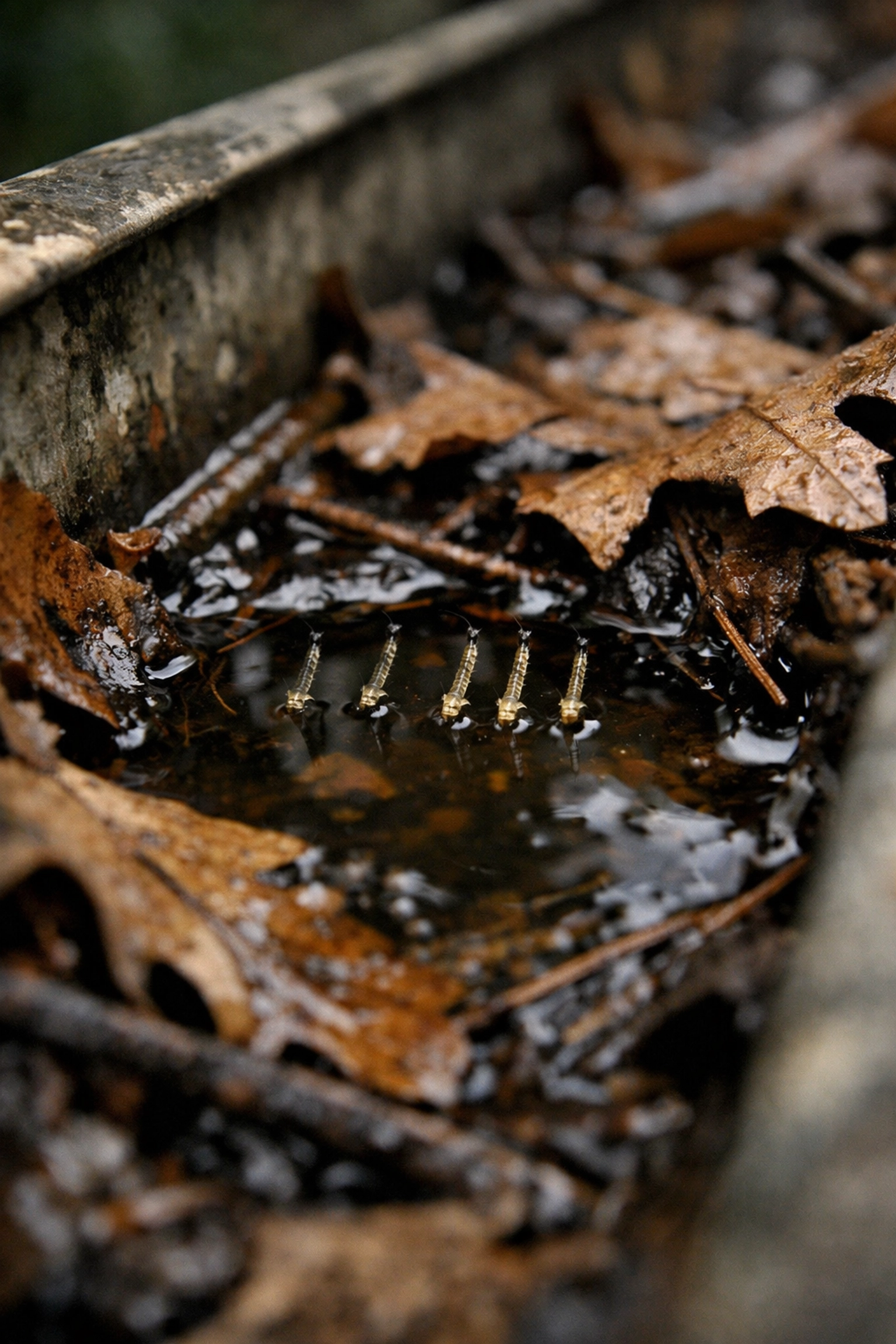 Mosquito larvae breeding in a clogged rain gutter, a common prevention mistake for Yonkers property owners.