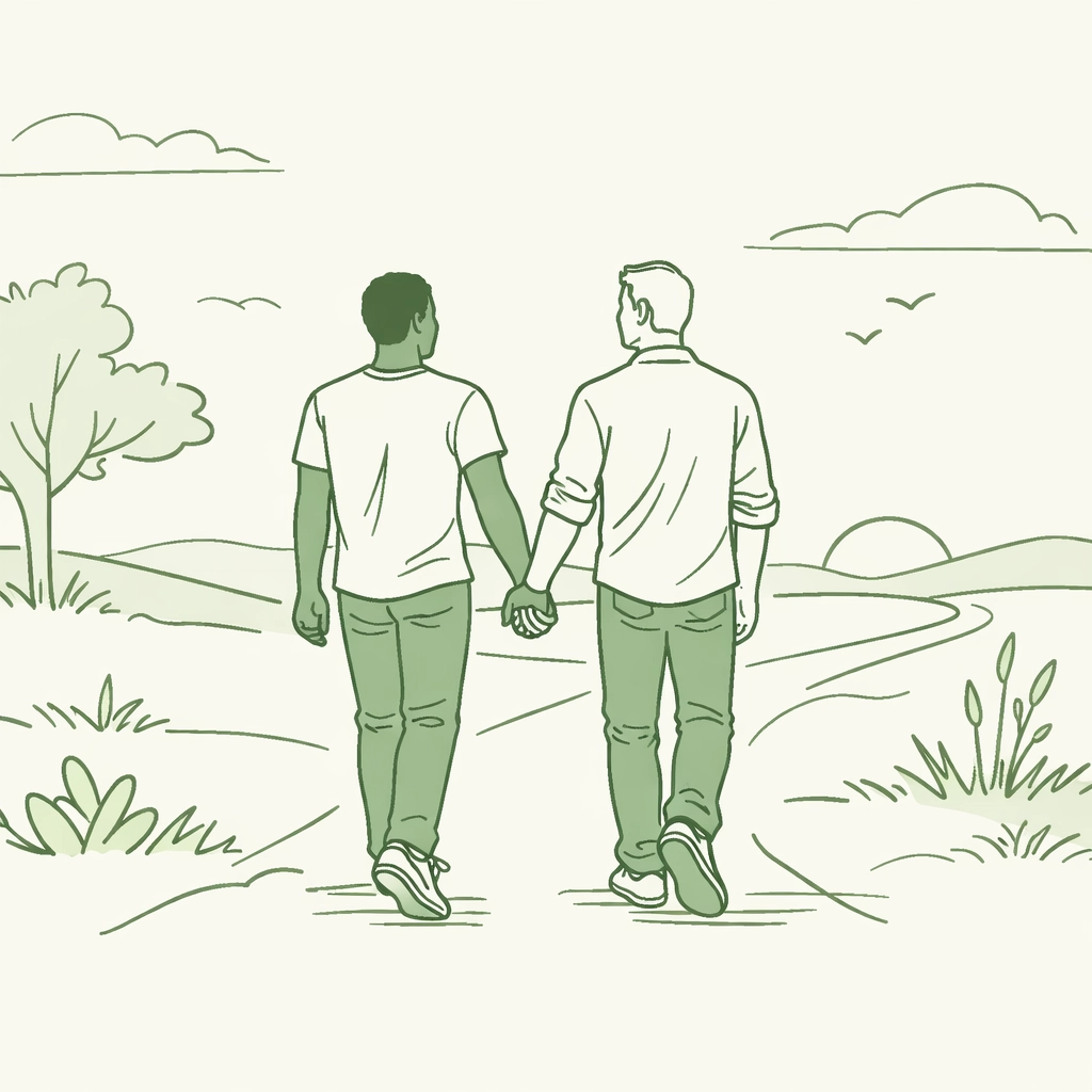 Diverse MM couple holding hands and walking together on a path toward their authentic queer identities.