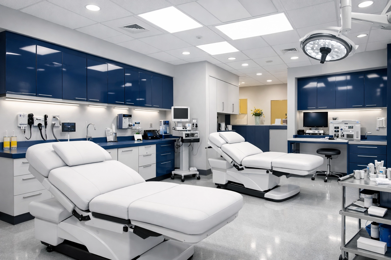 Clean and sanitized modern medical office suite in Palmer, MA, featuring polished surfaces and examination tables.