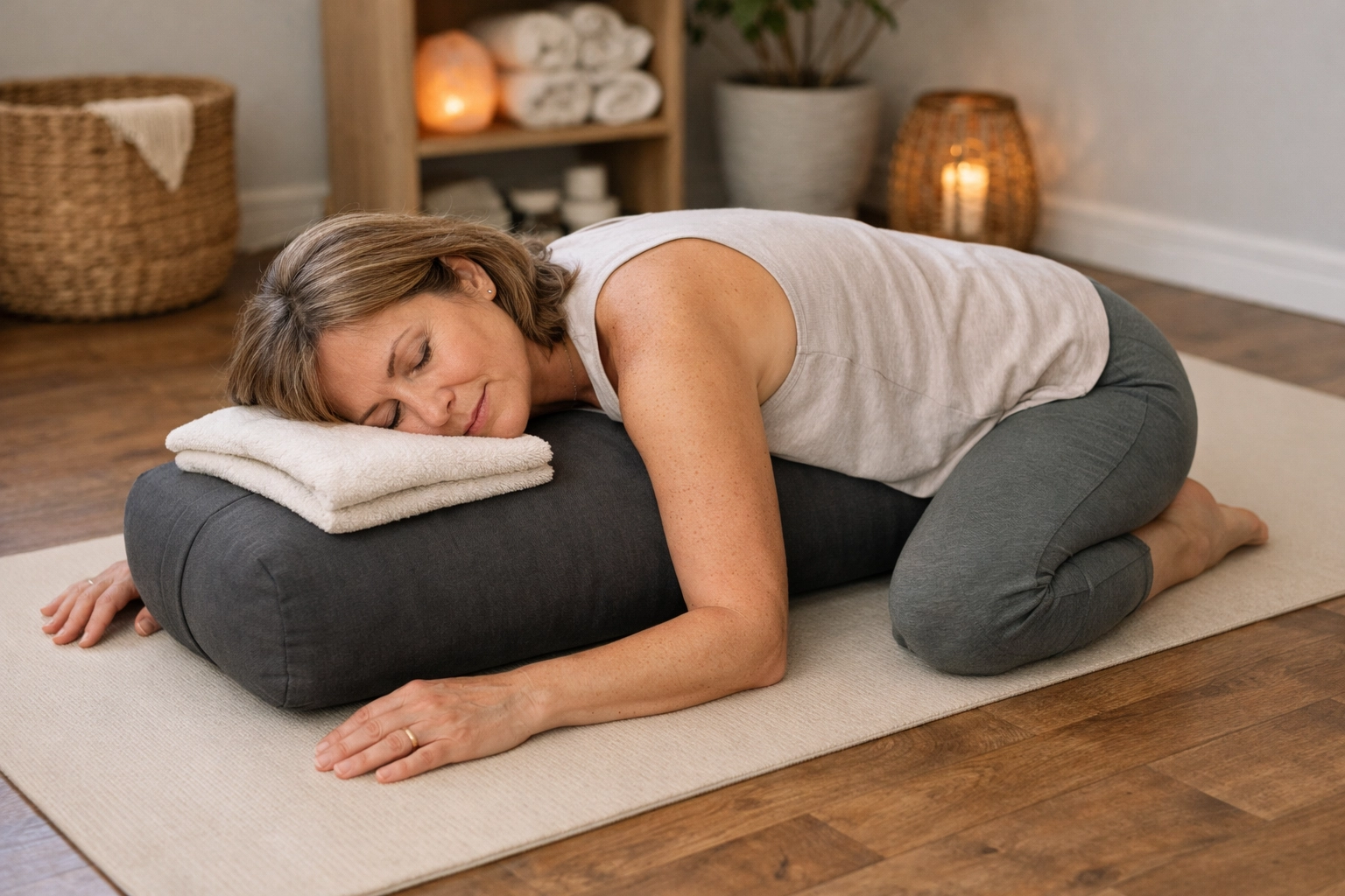 Woman resting in supported child's pose with yoga bolster for perimenopause fatigue relief