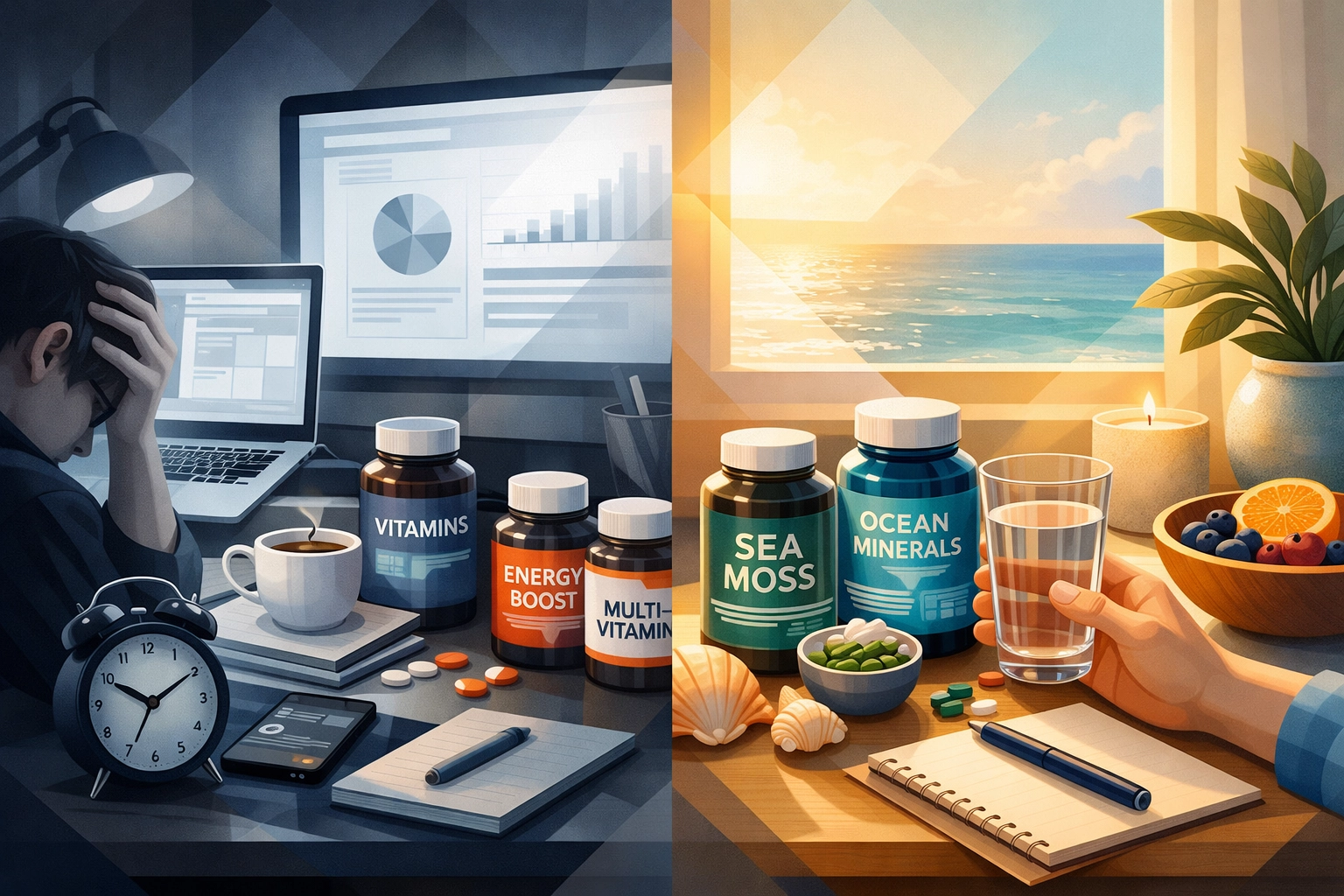 Stressful digital workspace versus calm morning routine with natural mineral supplements