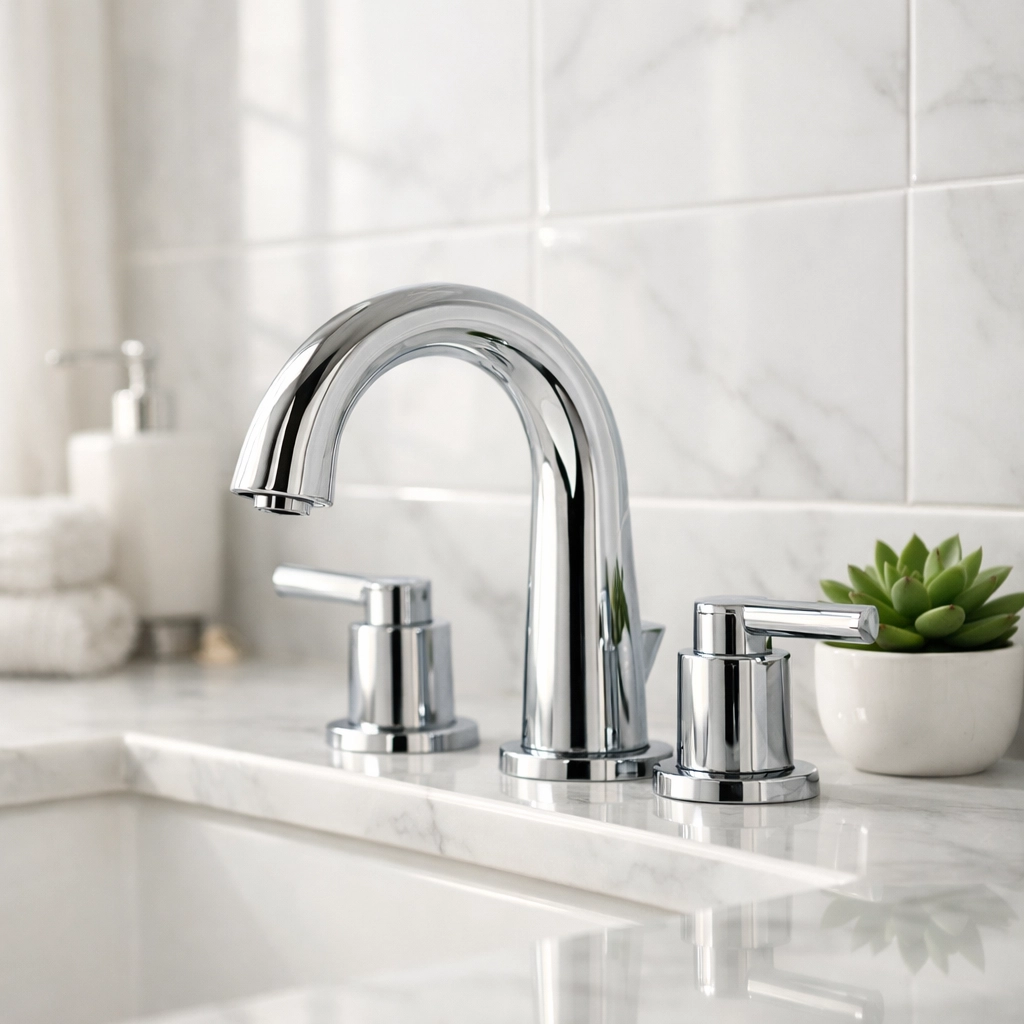 Clean luxury bathroom vanity with polished chrome faucet and pristine marble tiles and grout.