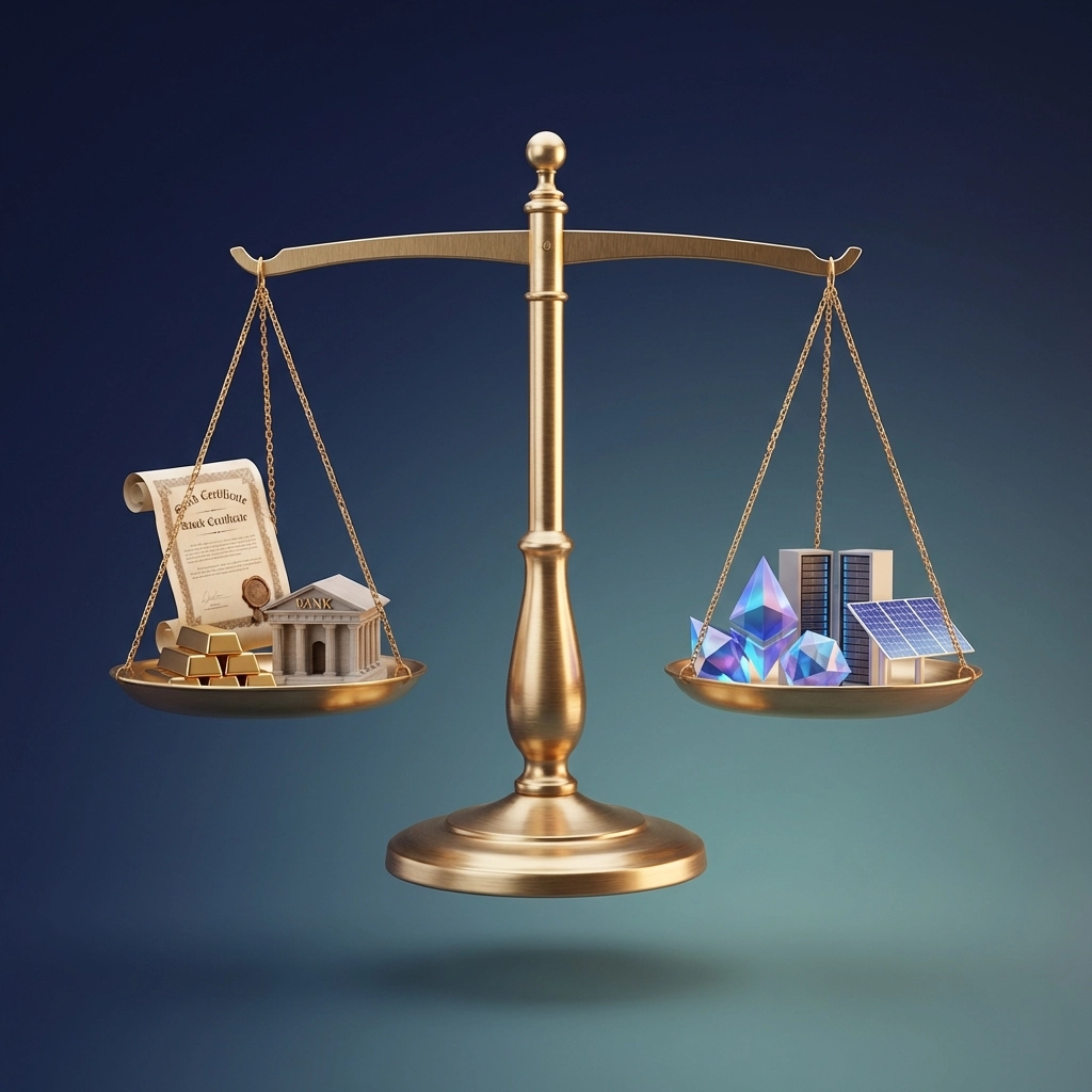 Balance scale displaying traditional assets versus modern investments, representing asset class diversification.