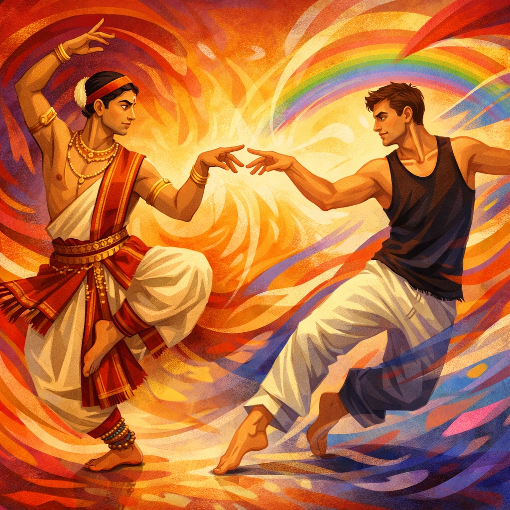 Two gay dancers sharing traditional moves from different cultural backgrounds
