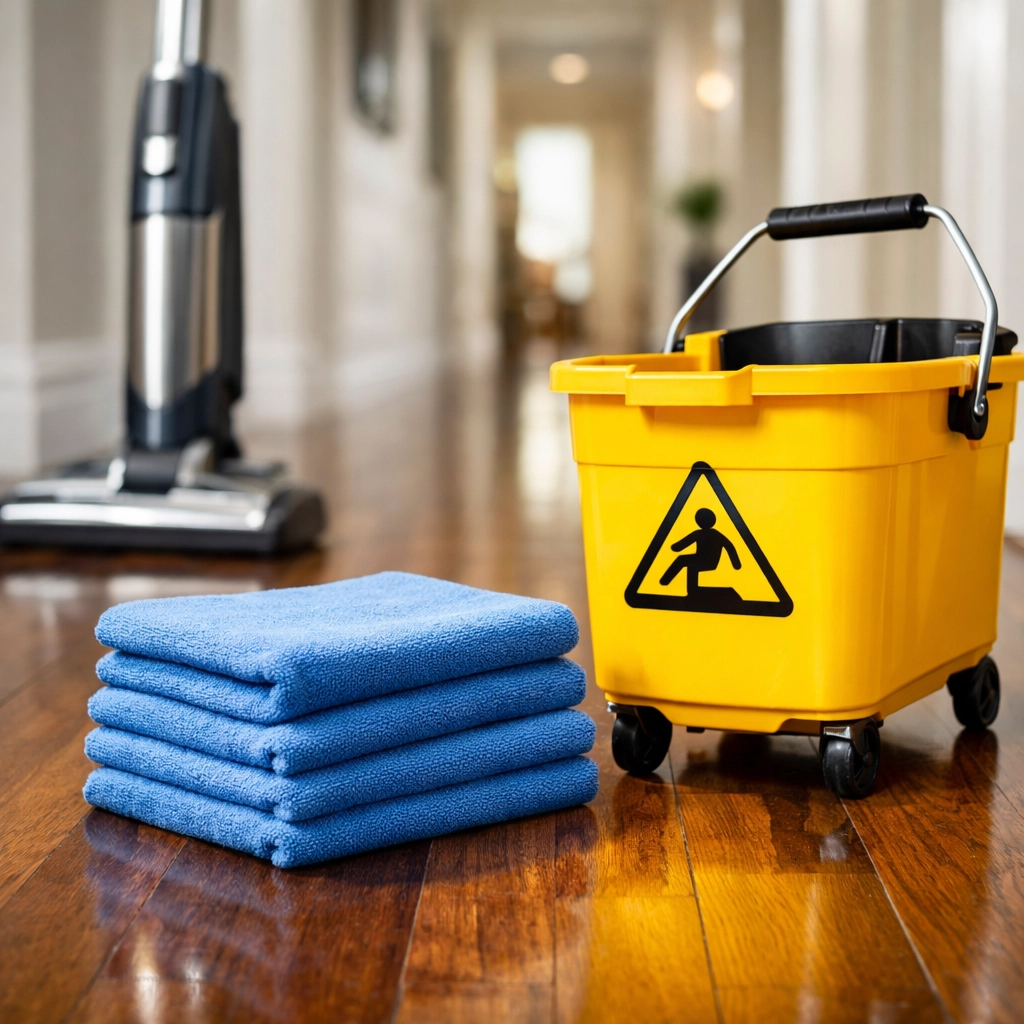 Professional cleaning supplies including microfiber cloths and a vacuum on clean hardwood floors.