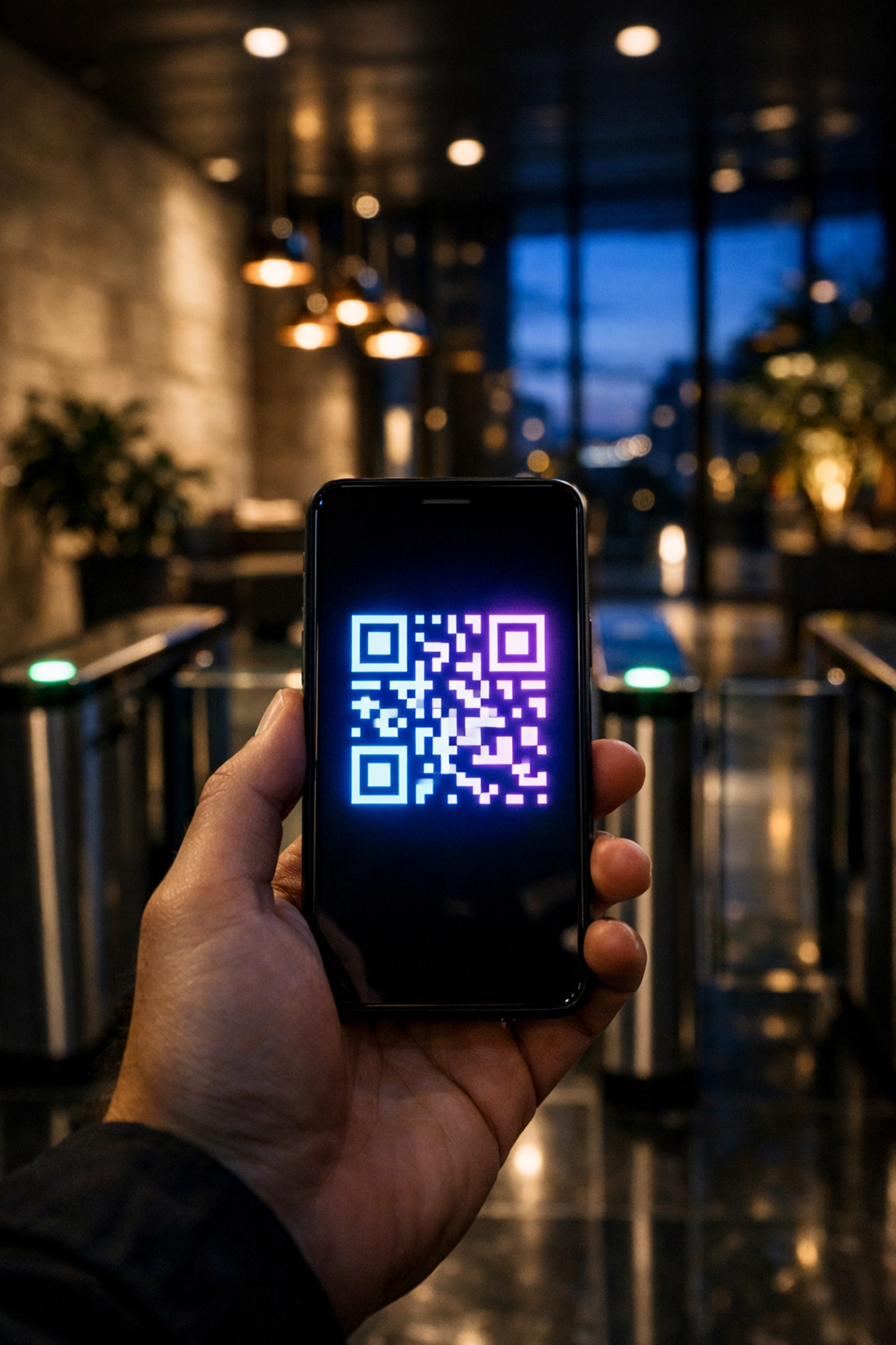 Digital visitor guest pass with QR code on a smartphone for secure business lobby entry.