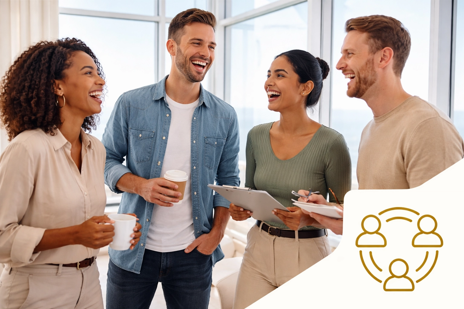 Team of coworkers laughing in a bright office, showcasing belonging and strong workplace culture.