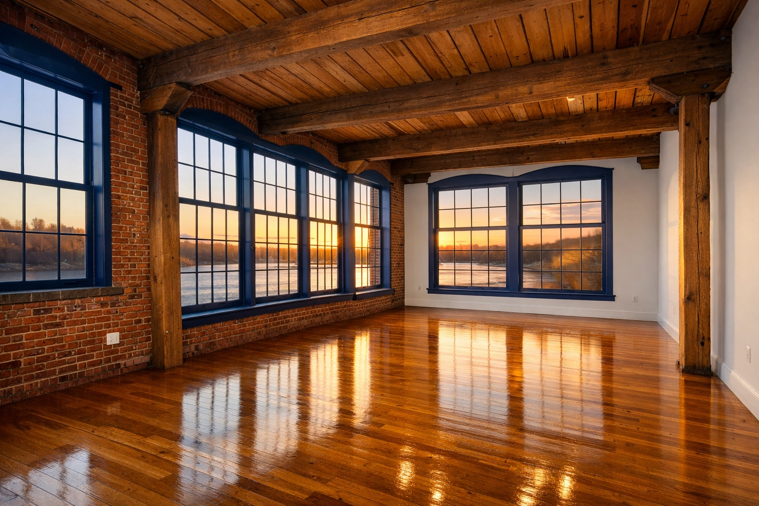 Pristine move-in ready historic mill loft in Lowell MA with high ceilings and clean brick walls.